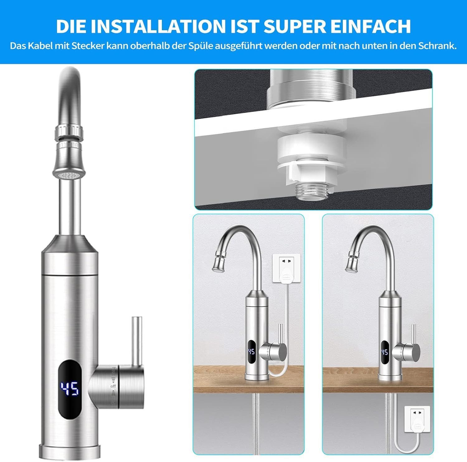 Vivitar Durchlauferhitzer 230V Küchenarmatur Edelstahl mit LED-Temperaturanzeige Küche, max. 60 °C, Kompakte Größe, ideal mobile Anwendungen wie Camping Wohnmobil., 230V Durchlauferhitzer, Wasseranschluss, Düsen, Installationszubehör., max. 60 °C, mit Edelstahlgehäuse und LED-Anzeige für Camping.
