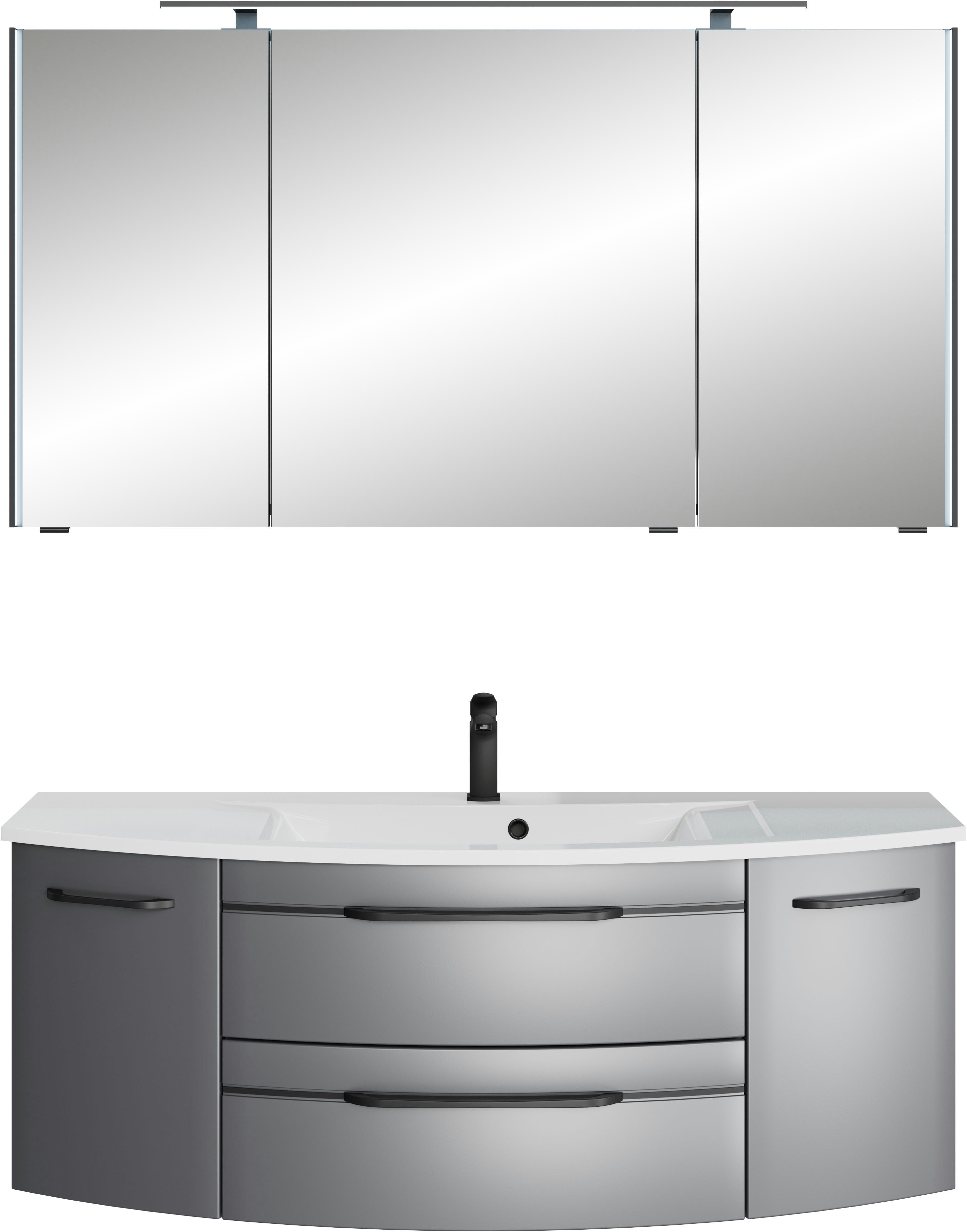 Saphir Badmöbel-Set Serie 7045 2-teilig Mineralmarmor-Waschtisch mit LED-Spiegelschrank, (Set, 2-St), Badezimmer-Set 133,2 cm breit, inkl. Türdämpfer, 5 Türen, 2 Schubladen