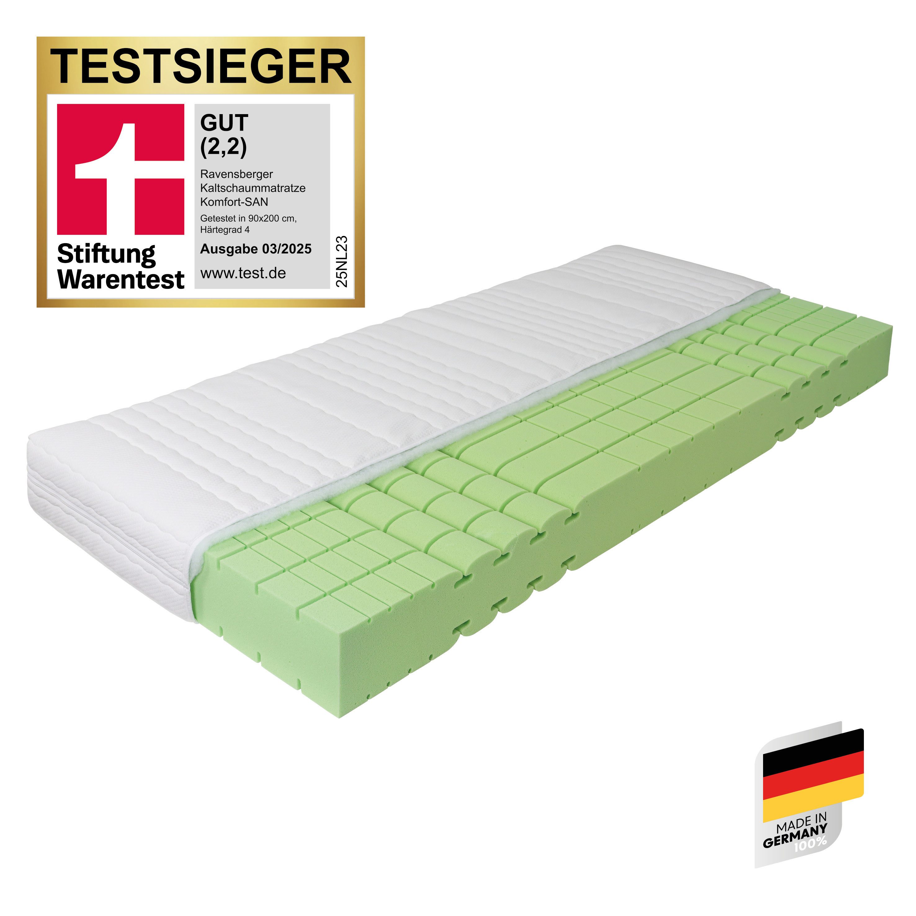 Kaltschaummatratze KOMFORT-SAN Testsieger Stiftung Warentest, RAVENSBERGER Matratzen, 18 cm hoch, Ausgabe 03/2025 Note GUT (2,2), getestet in 90x200cm Härtegrad H4