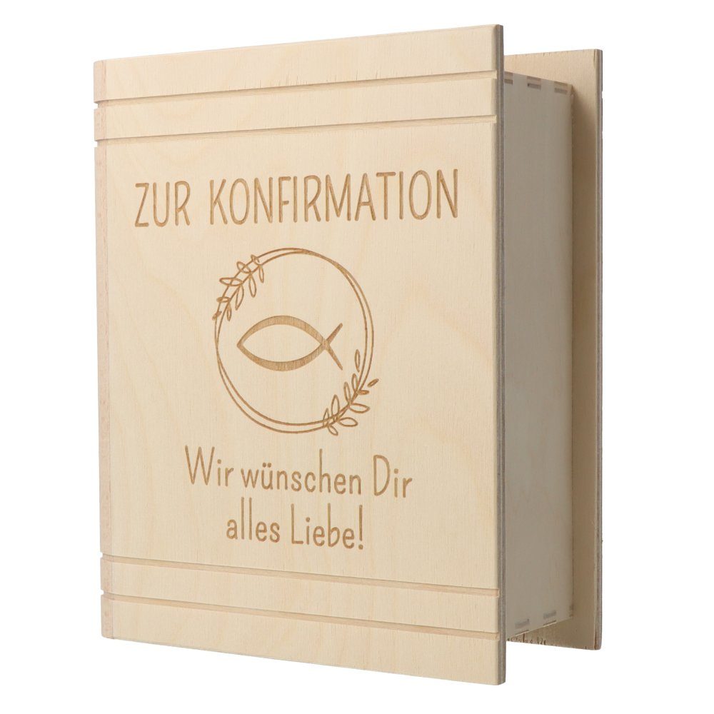 Spruchreif® Spardose mit Holz (Zur mit zur Bibel Gravur (1-tlg) Sparbüchse & Konfirmation), Schloss Kommunion Fisch Motiv · · Buch-Optik aus in · Konfirmation Geschenk Spardose