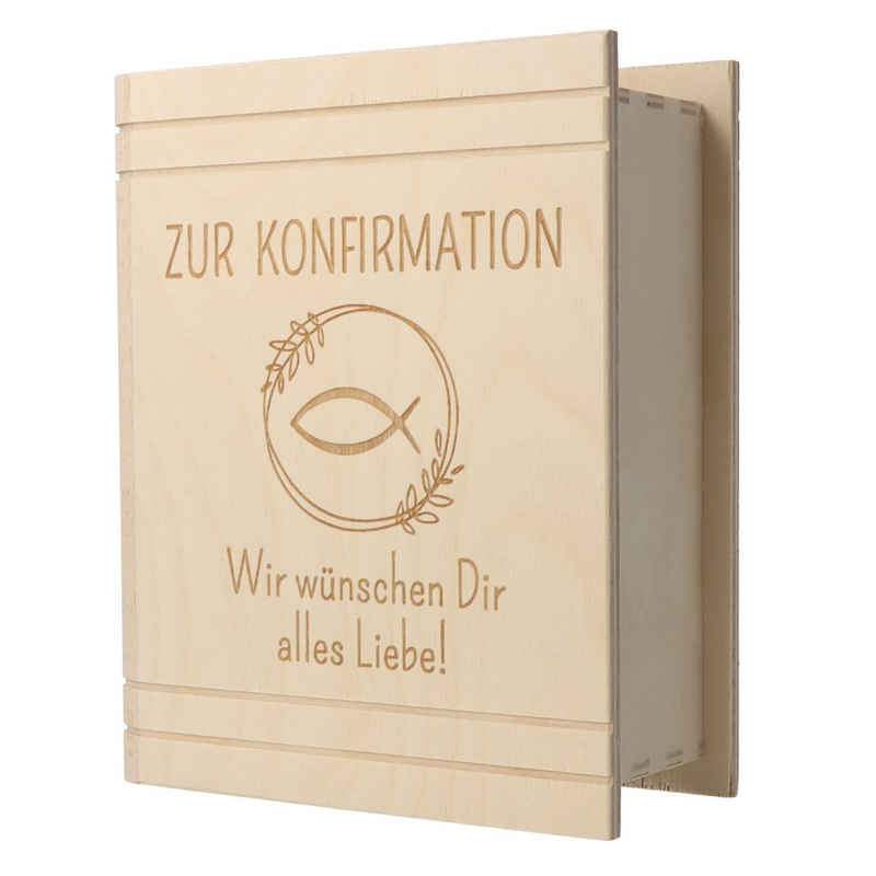 Spruchreif® Spardose Spardose in Bibel Buch-Optik aus Holz mit Gravur · Geschenk zur Konfirmation & Kommunion · Motiv Fisch · Sparbüchse mit Schloss (Zur Konfirmation), (1-tlg)