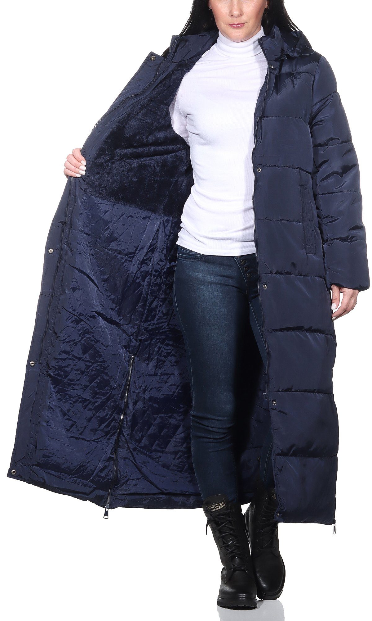 Aurela Damenmode Steppmantel Longmantel gefütterter Damen Wintermantel Teddyfell, abnehmbare Kapuze, in großen Größen erhältlich