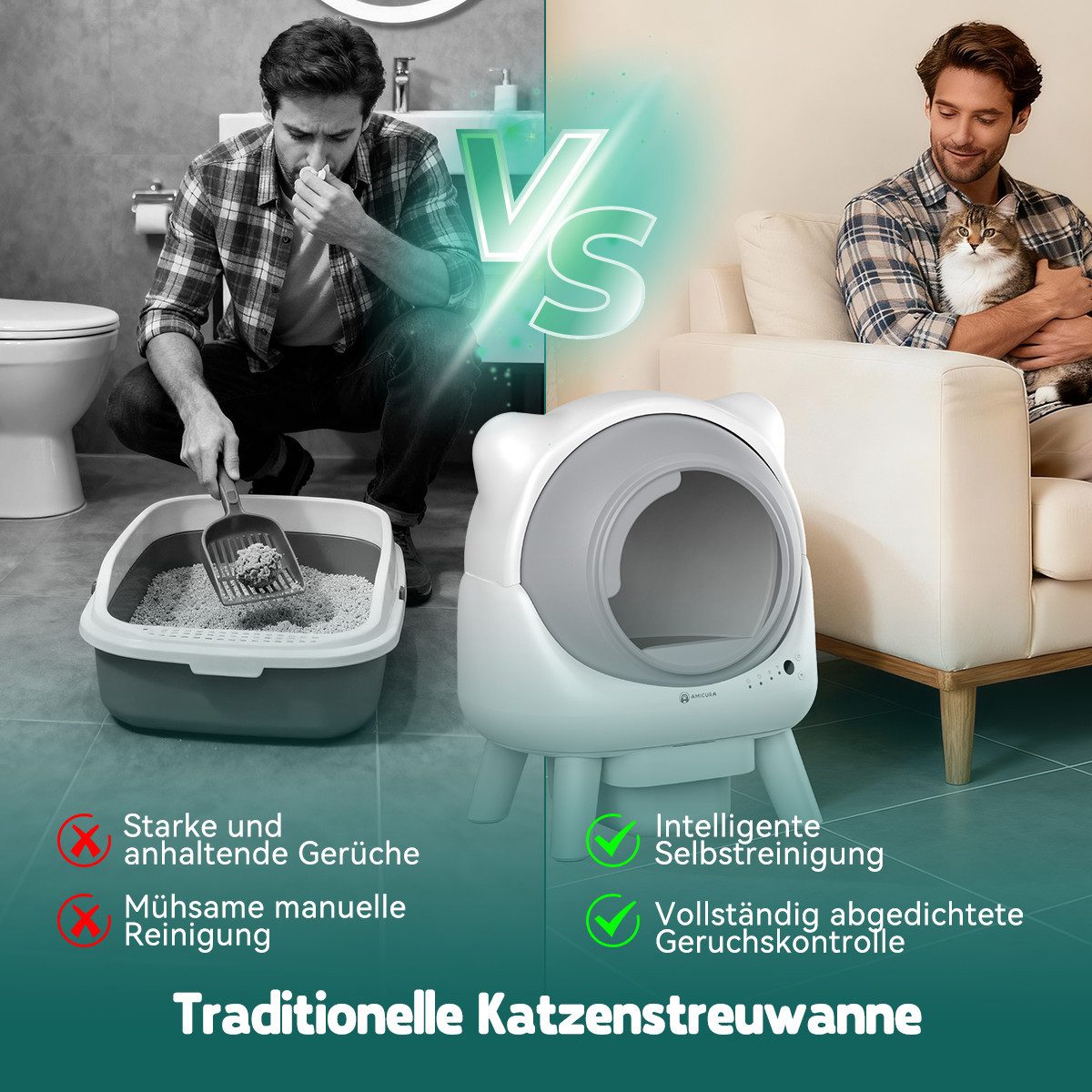 AmiCura Katzenecktoilette 2026 katzenklo selbstreinigend 95L/12 selbstreinigende katzentoilette, Katzentoilette Katzenklo 95L+12L Große 50 dB sicher für Mehrere Katzen