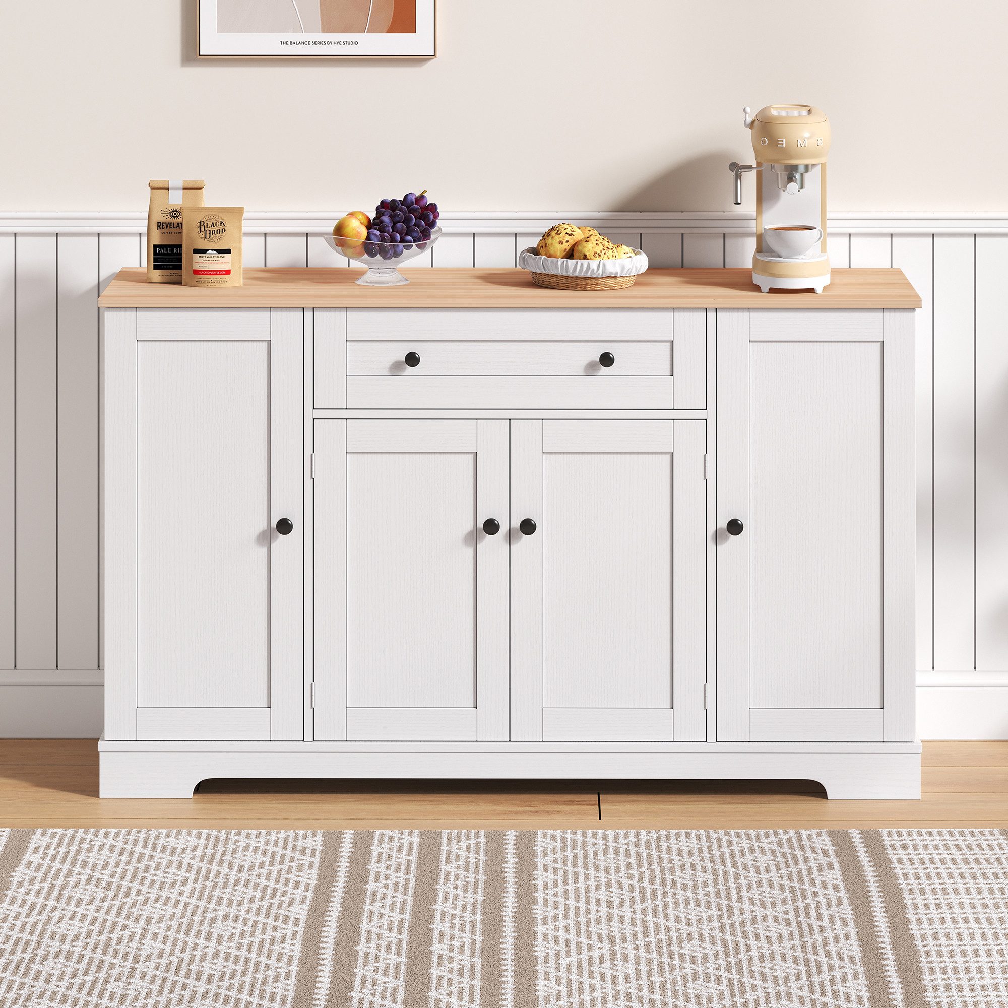 Celya Küchenbuffet Multifunktionales Küchenbuffet, 138 cm Sideboard mit Schublade (Modernes Design mit Kippschutz, ideal für Küche, Wohnzimmer & Schlafzimmer) Regaltüren & verstellbaren Einlegeböden