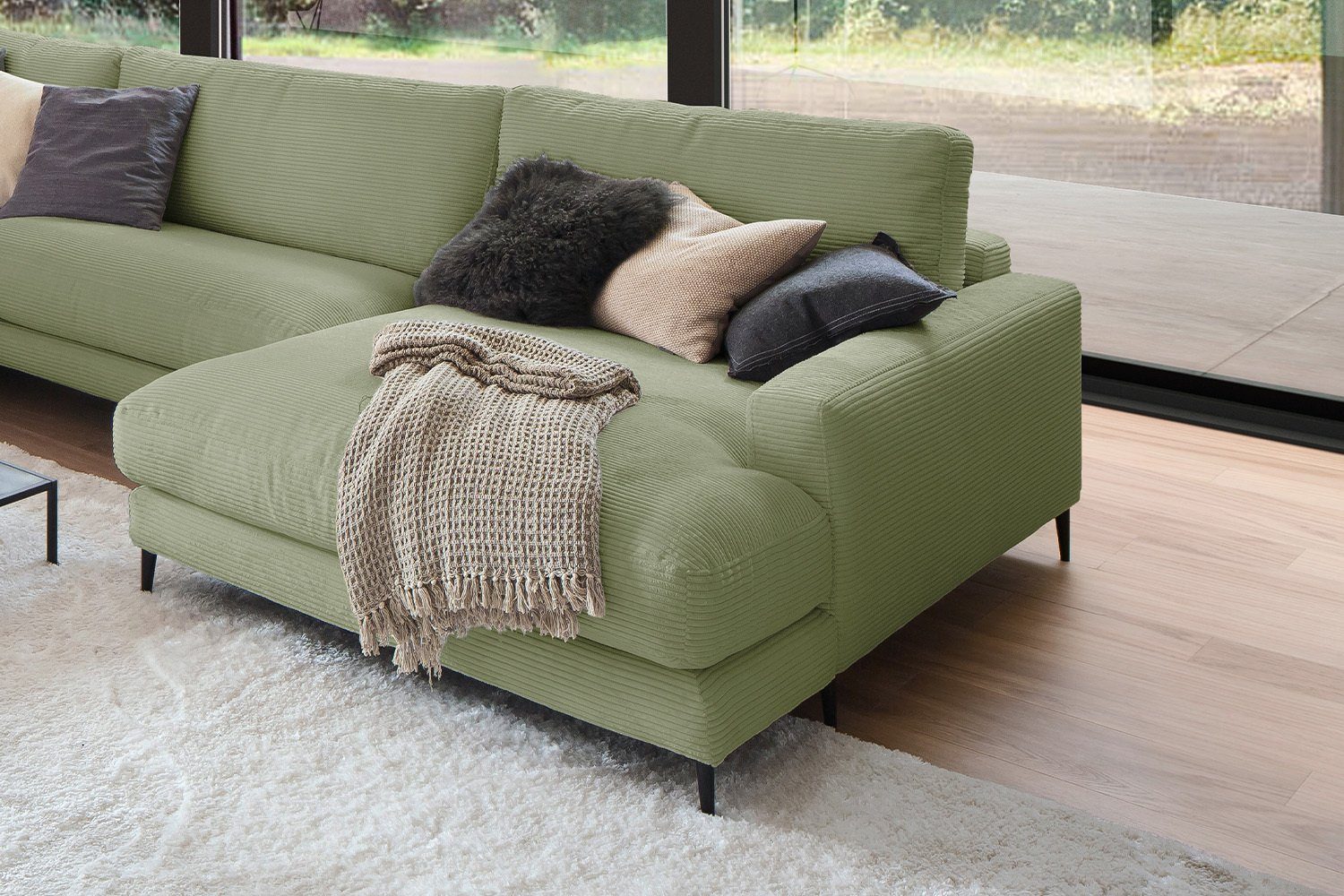 KAWOLA Wohnlandschaft CARA, Sofa rechts versch. U-Form od. olivgrün Cord, Longchair Farben links