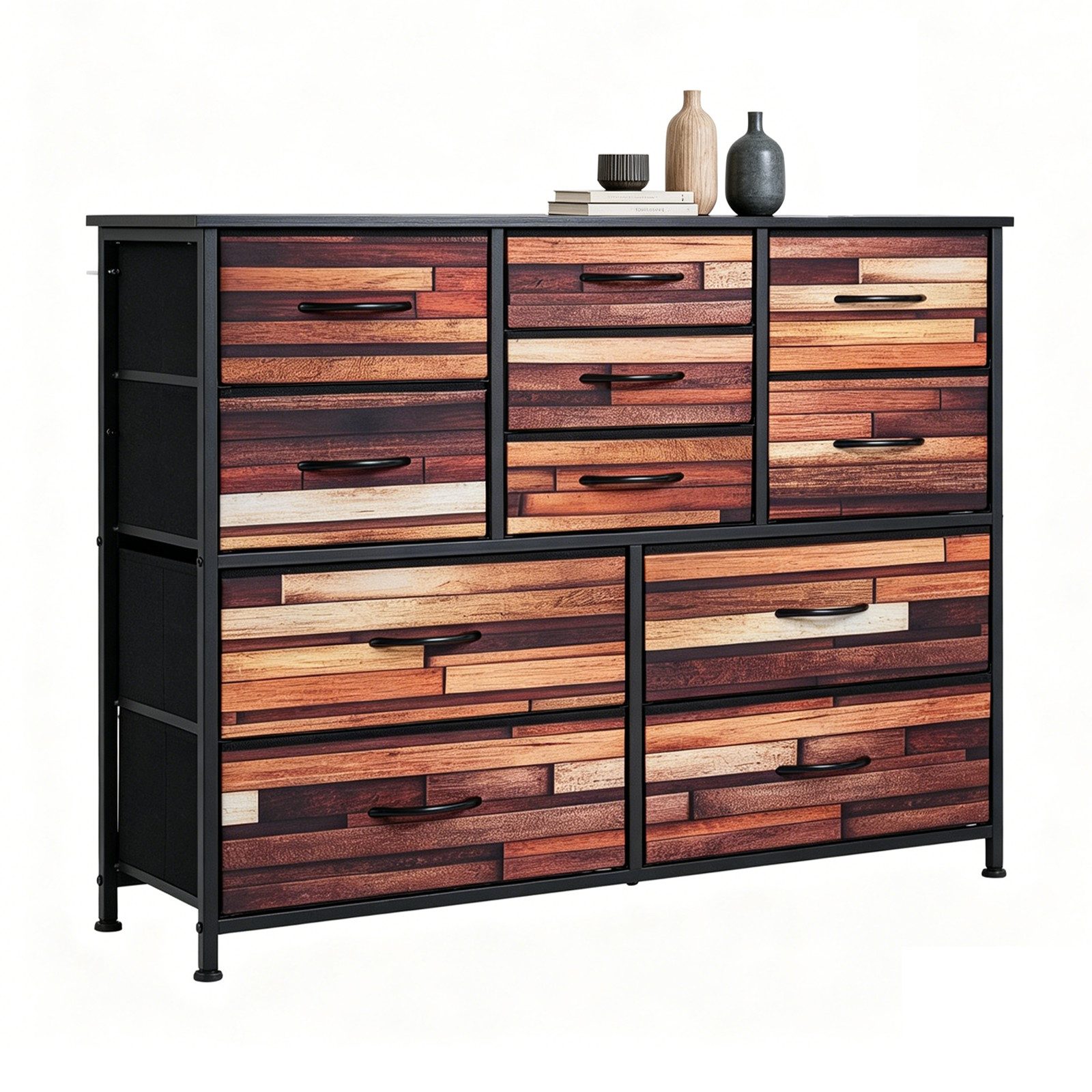 KOMFOTTEU Kommode Sideboard Aufbewahrungsschrank, mit Stoffschubladen, Metallrahmen & Holzoberfläche