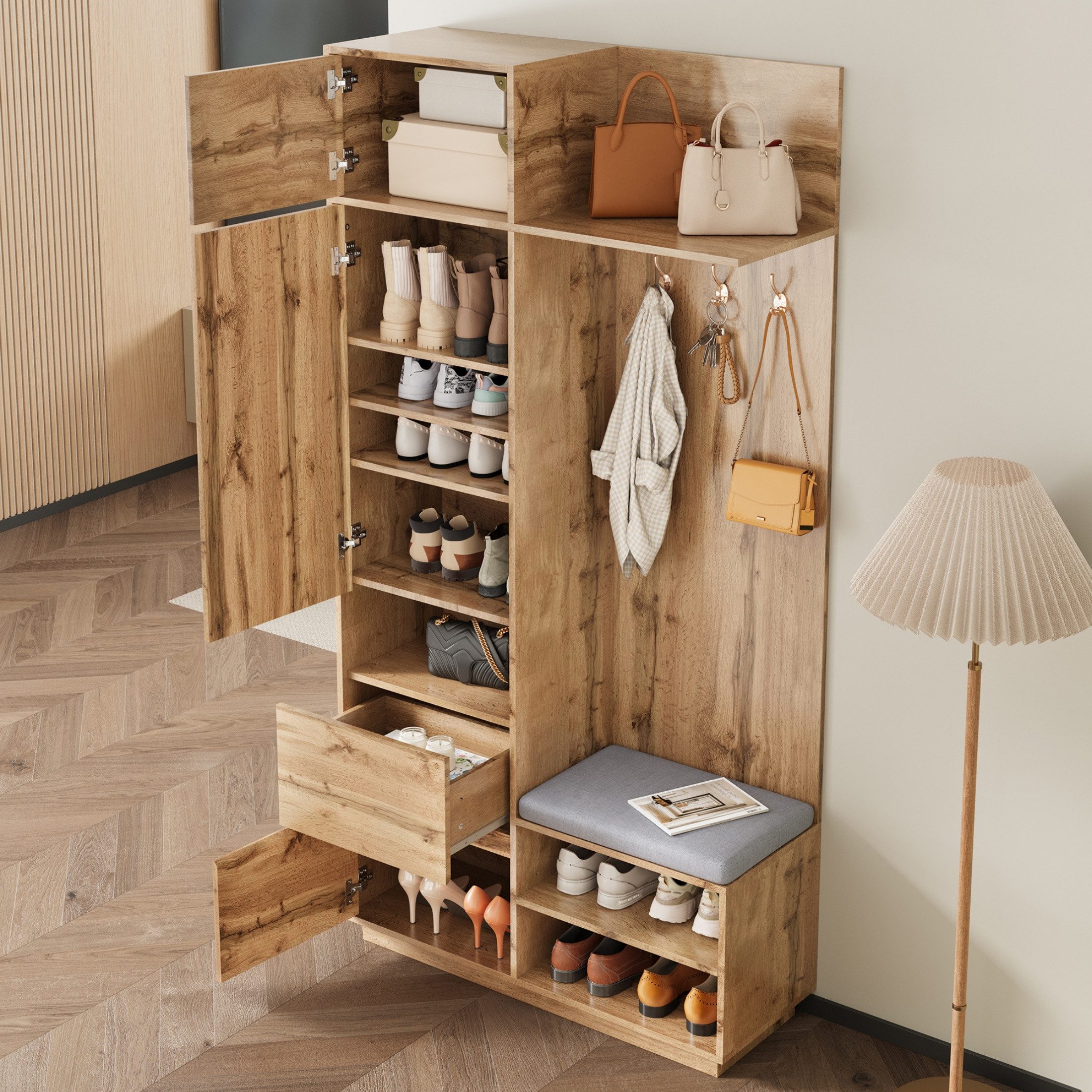 autolock Garderoben-Set Kompaktgarderobe Flurgarderobe mit Spiegel, Sitzbank, Schuhschrank, (90×34,5×190 cm), Flurmöbel-Set Garderobe für den Eingangsbereich