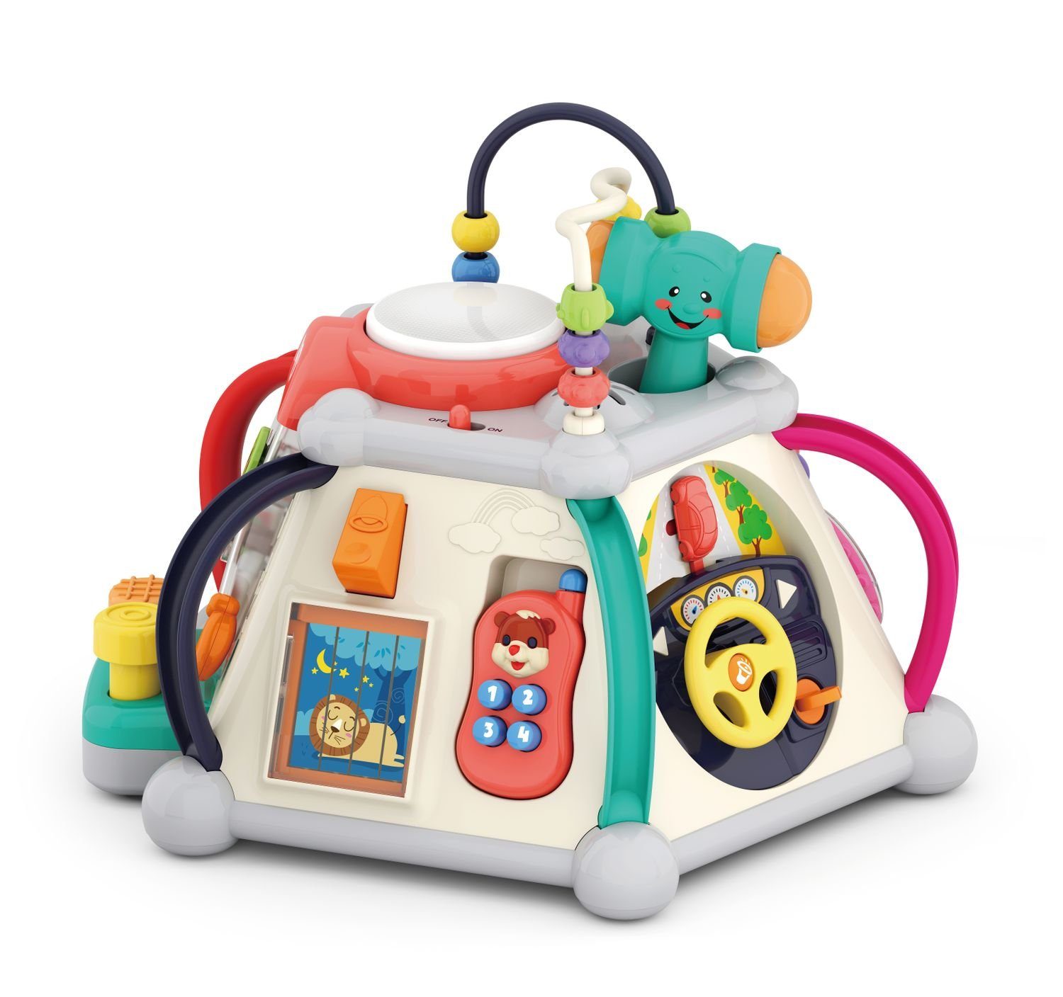 Moni Spielcenter Activity Pyramide 806 Musik, (1-tlg), Perlenlabyrinth Hammer Lenkrad Telefon
