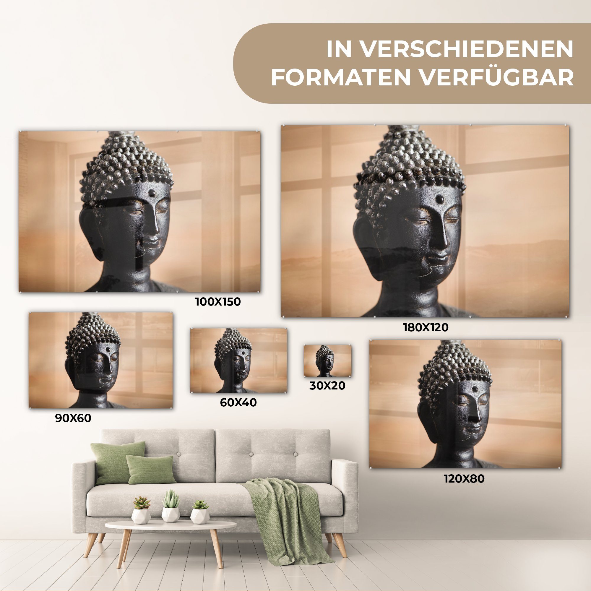 MuchoWow Acrylglasbild Buddha - Gesicht Acrylglasbilder & - Wohnzimmer Schlafzimmer (1 St), Braun