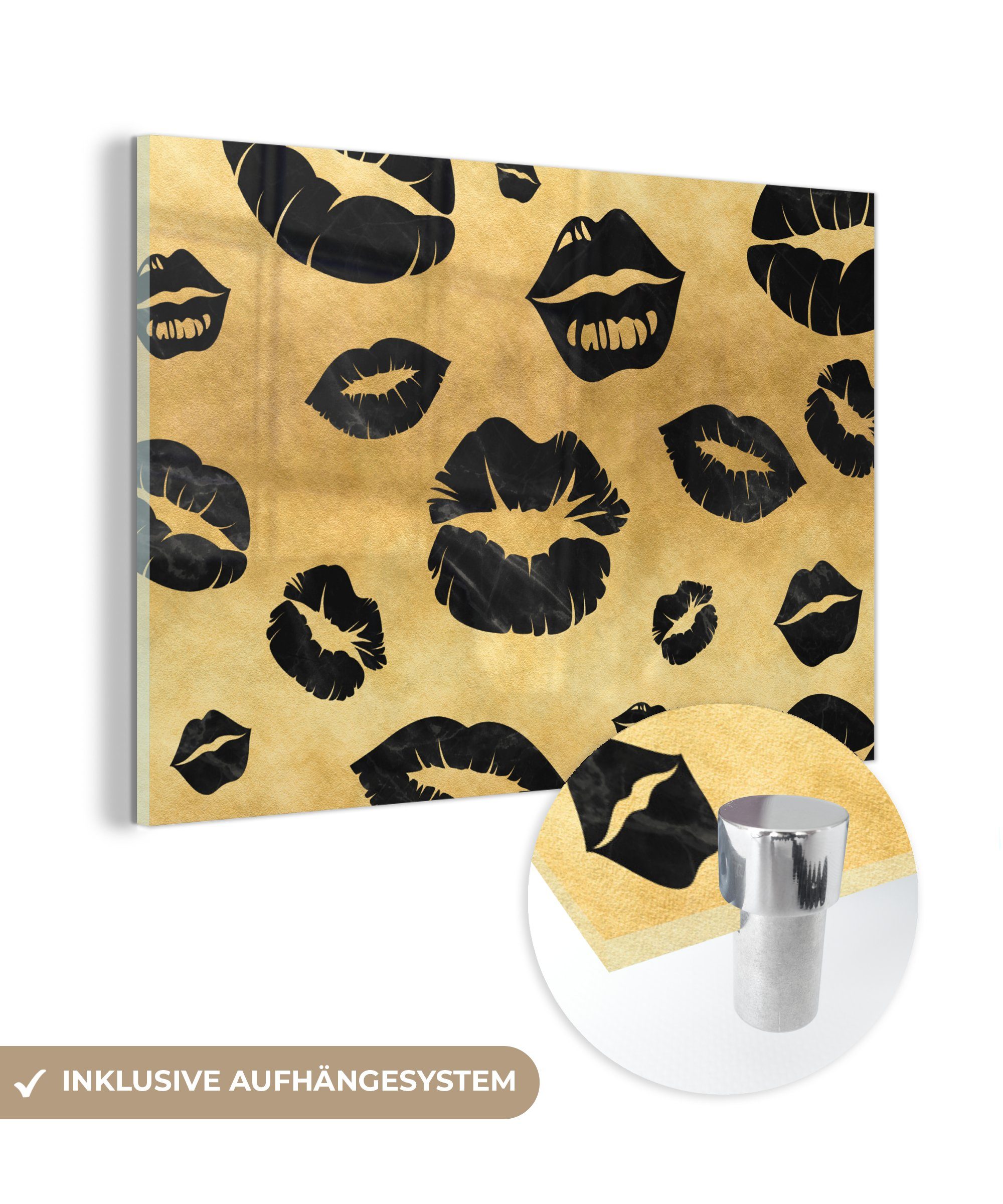 MuchoWow Acrylglasbild Muster Wanddekoration Gold Wandbild - Foto - auf - Bilder Glas St), Kuss (1 Schwarz, Glasbilder - - Glas auf 