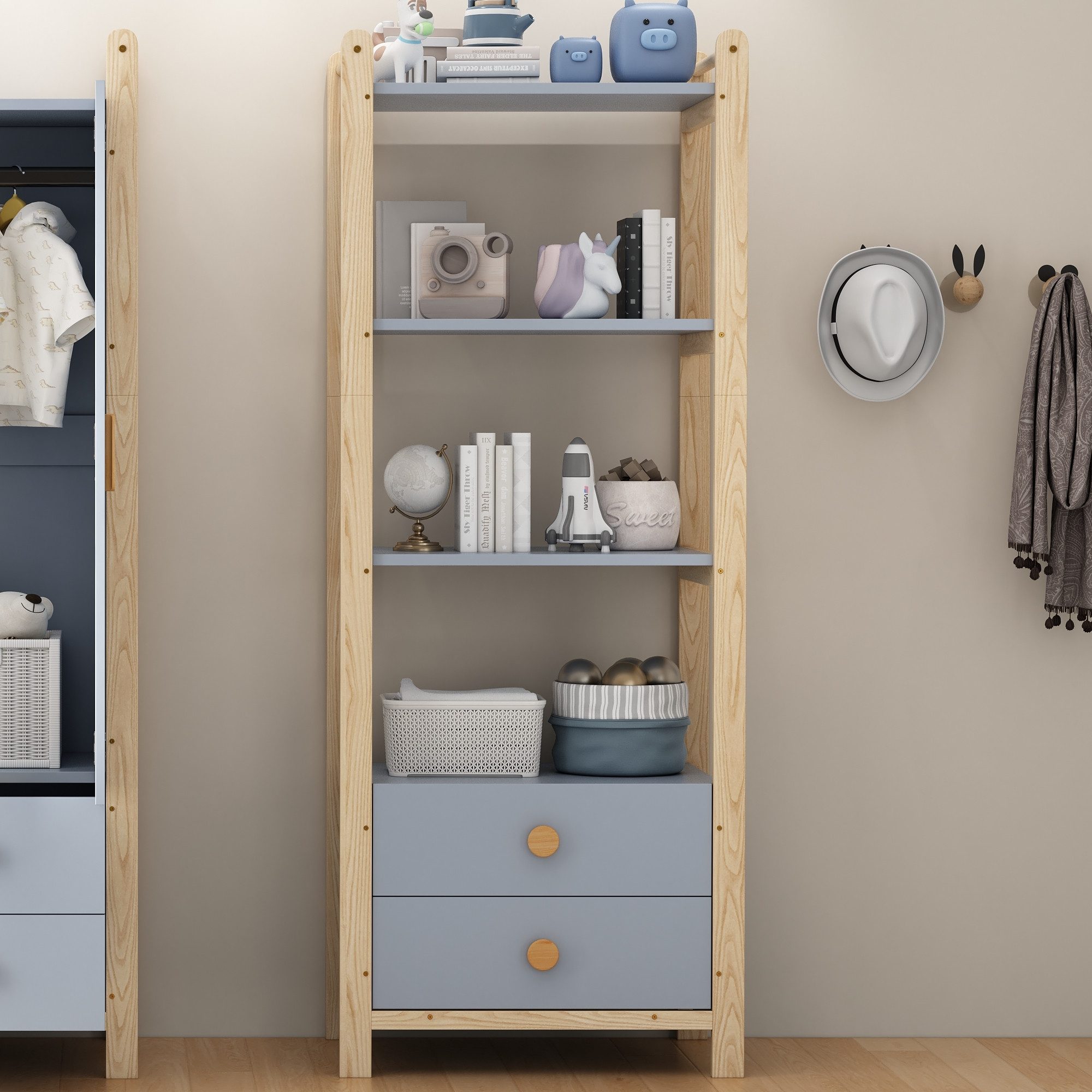 Ulife Bücherregal Standregal, Kieferrahmen, 2 Schubladen, 4 Ebenen Bücherregal, 1-tlg., für Wohnzimmer, Schlafzimmer, Bücherzimmer, 70×44×180cm