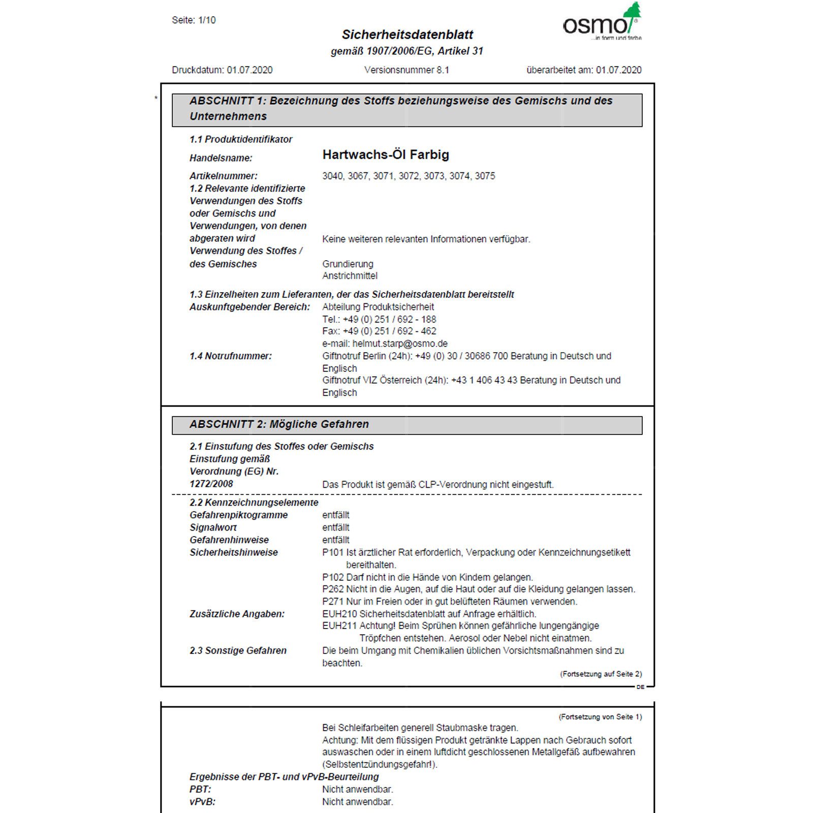 osmo Hartwachsöl Hartwachs-Öl Farbig 2,5 LTR