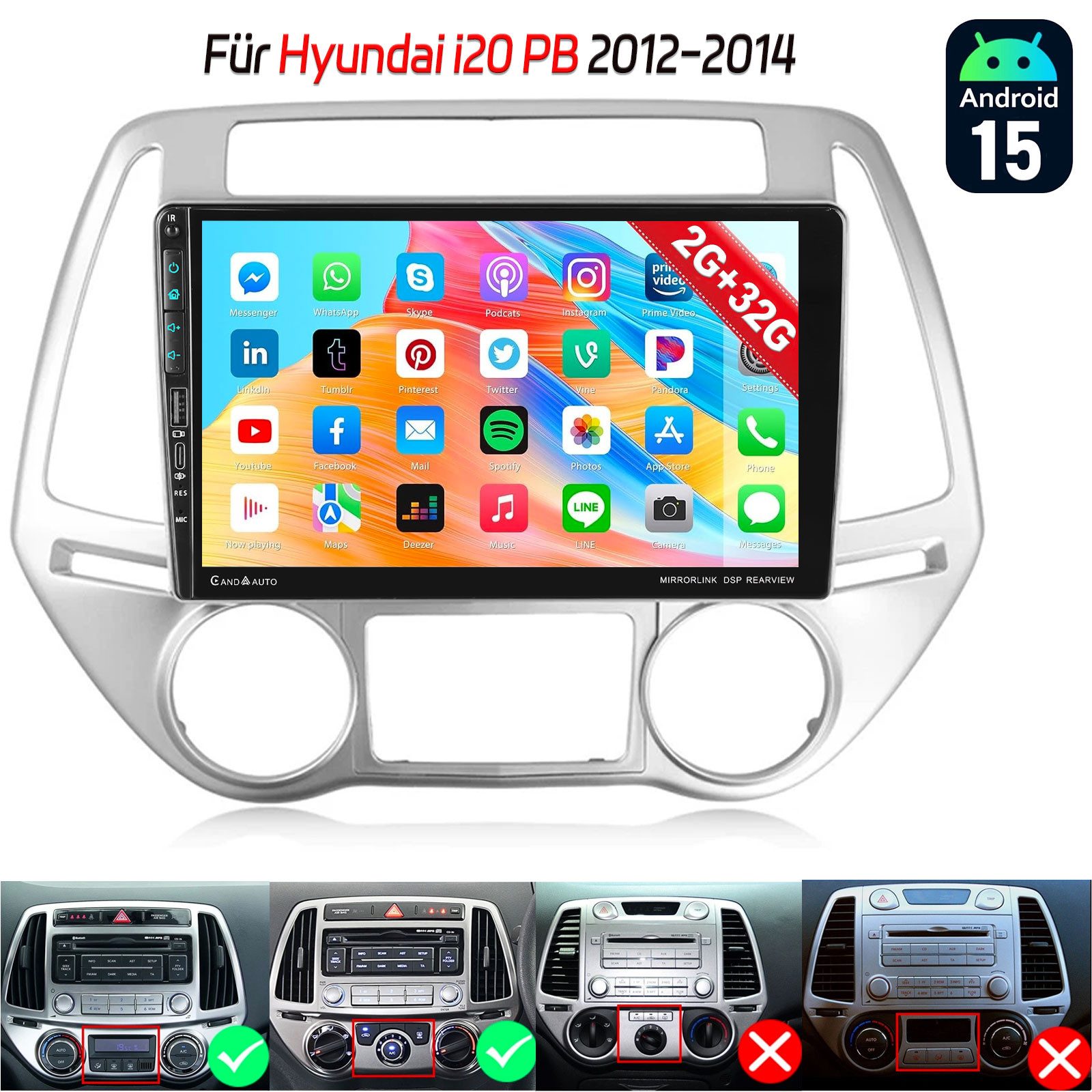ESSGOO Android15 Autoradio GPS Navi Für Hyundai i20 PB 2012-14 mit USB Type-C Autoradio (DAB (optional), DAB+ (optional), 4+64GB(optional), RDS, AM, FM, Carplay Android Auto Bluetooth EQ USB GPS Navi WIFI Touchscreen)