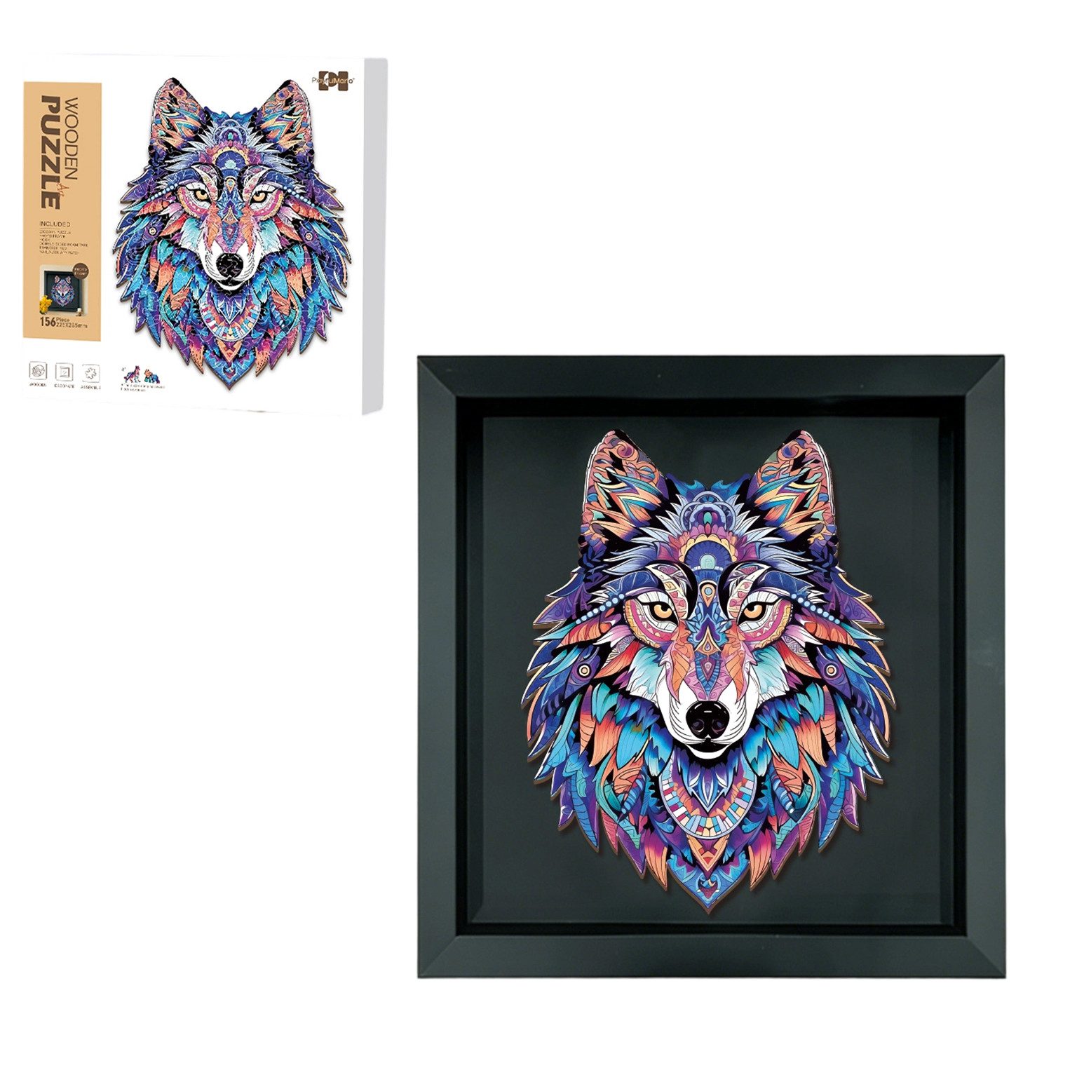 Esun Puzzle Holz puzzle Erwachsene, WolfHolz Puzzle mit Rahmen zum Aufhängen, 156 Puzzleteile, Wooden PuzzleWolf – 156 Teile mit Rahmen