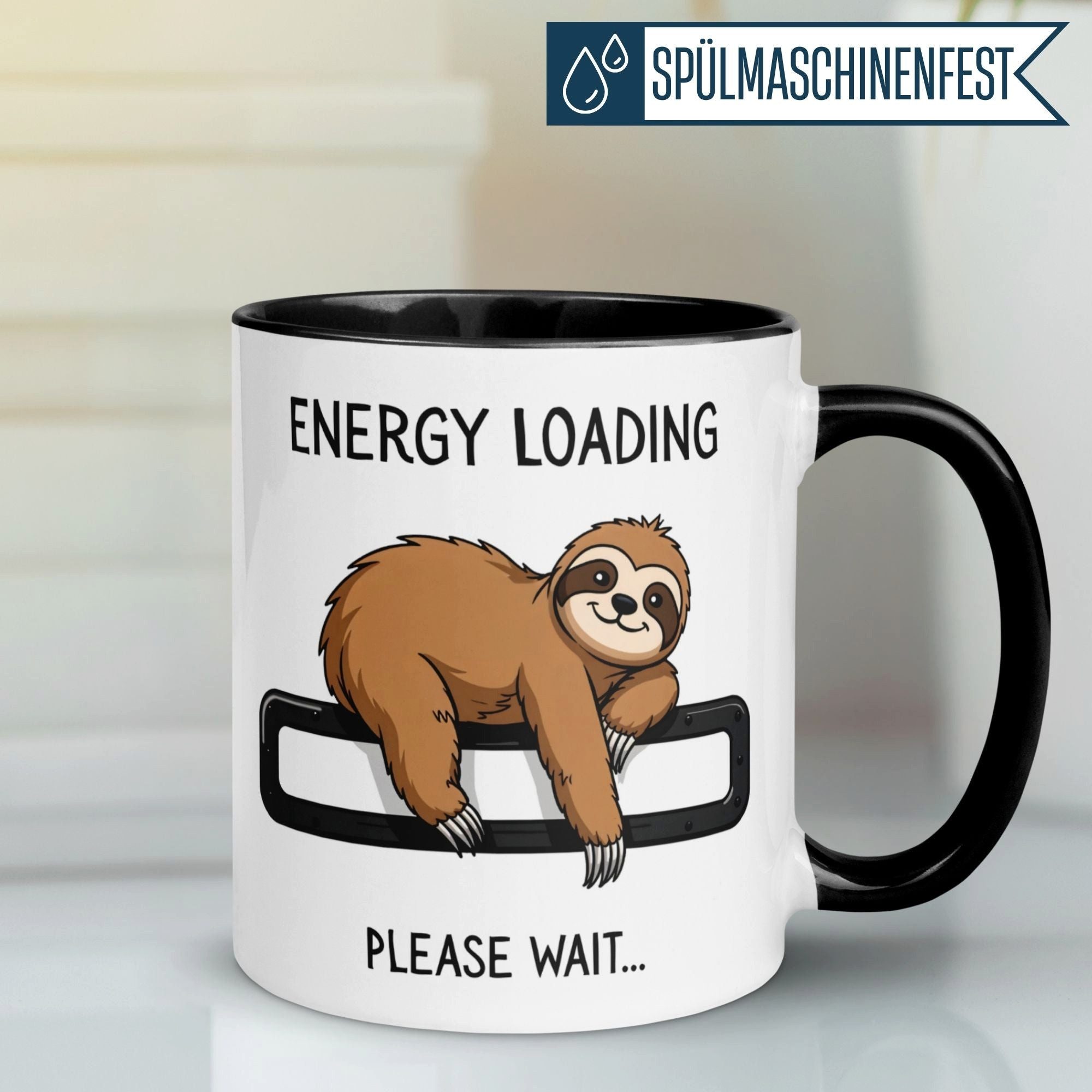 Momentals Tasse Faultier – „ENERGY LOADING – PLEASE WAIT“ – Morgenmuffel Geschenkidee, Gratis Versand · Links-&Rechtshänder · Spülmaschinenfest