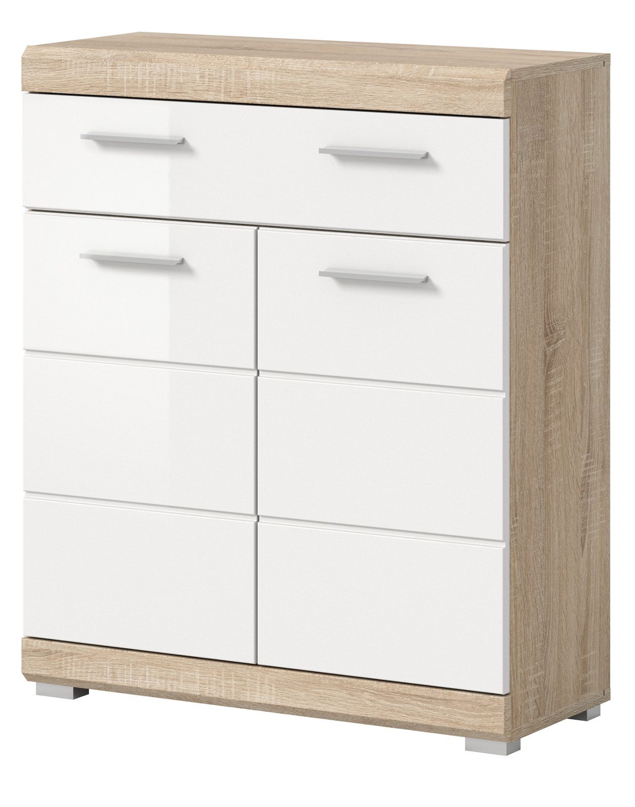 Inn.Furn Badkommode Mambo (Badschrank in weiß Hochglanz und Eiche, 2-türig, 74 x 88 cm), mit viel Stauraum
