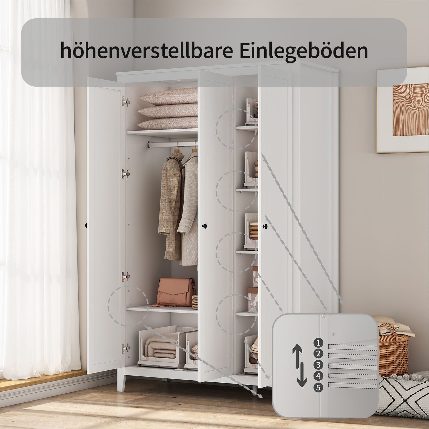 OTTO home Kleiderschrank Borkum Schlafzimmerschrank Garderobe Landhaus Bestseller weiß (hochwertige schwarze Griffe aus Metall) Schlafzimmerschrank mit 6 Böden und Kleiderstange, 3 Türen