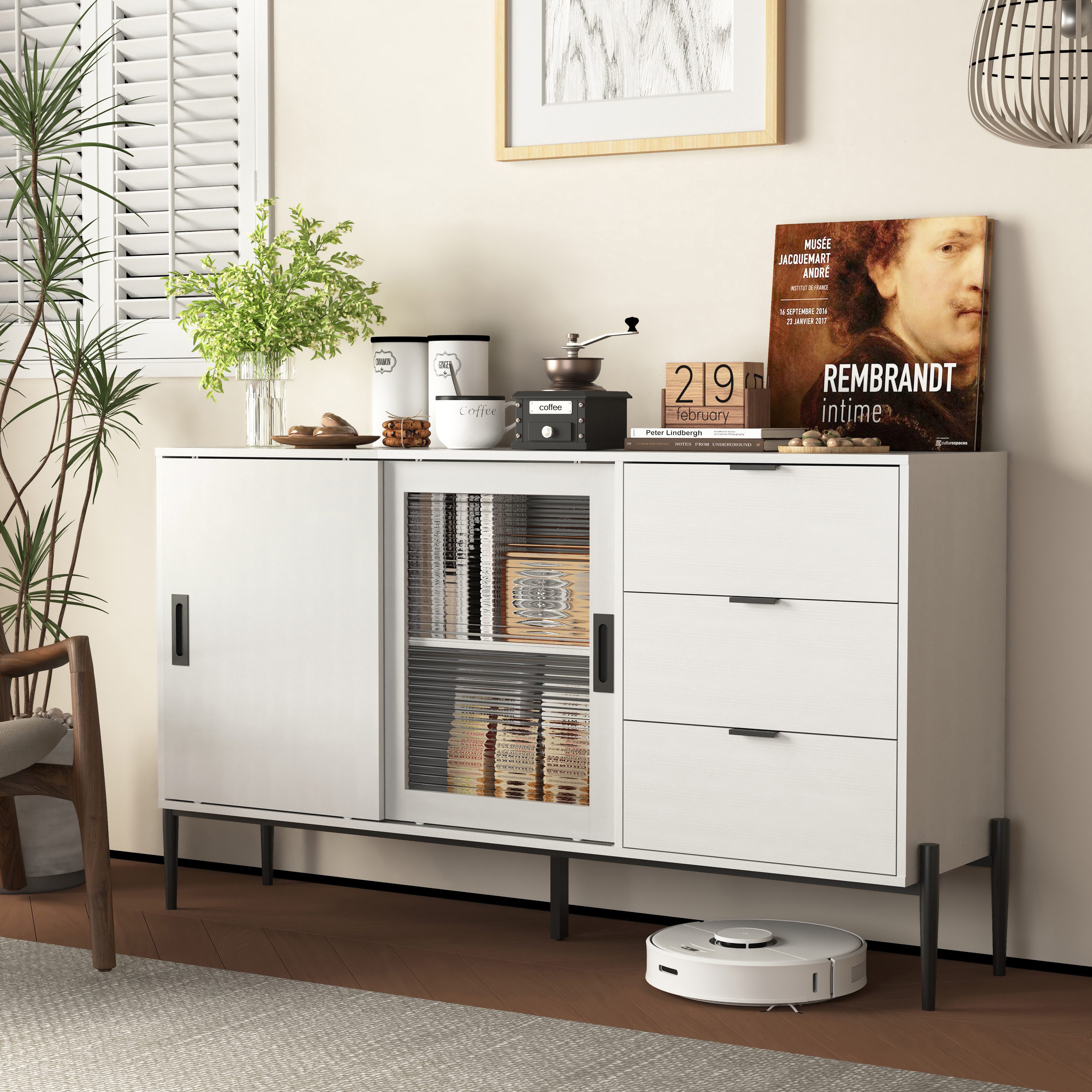 STILVORA Sideboard mit Schubladen,Aufwahrungschrank Beistellschrank mit Glasschiebetür (Modernes Sideboard mit Glasschiebetür & 3 Schubladen – Konsolentisch, Weiß, Retro-Design mit geripptem Glas, stabil & langlebig, 1 St)