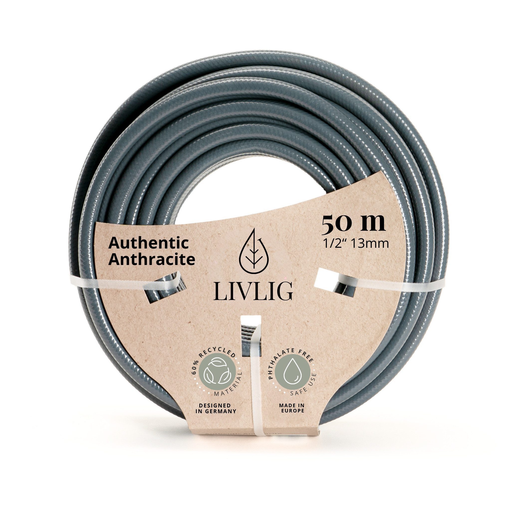LIVLIG Gartenschlauch 1/2 Zoll, Schöner Gartenschlauch, Wasserschlauch 1/2 Zoll, Anthrazit, Made in Europa, Aus 60% recyceltem PVC
