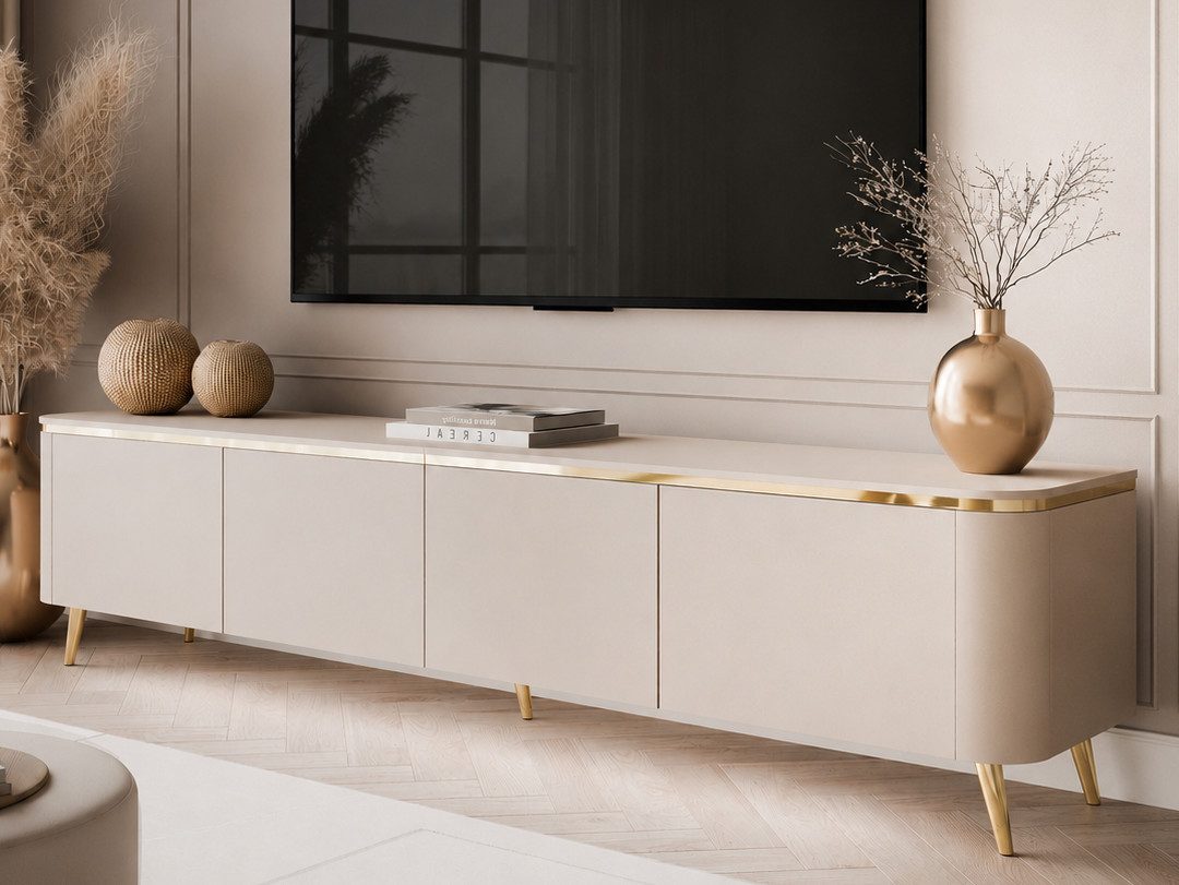 ALLHOUSE24 TV-Schrank LINE 200 cm Kaschmir matt, LED, Push-Open, goldene Metallbeine (1x TV Schrank) Breite 200 cm