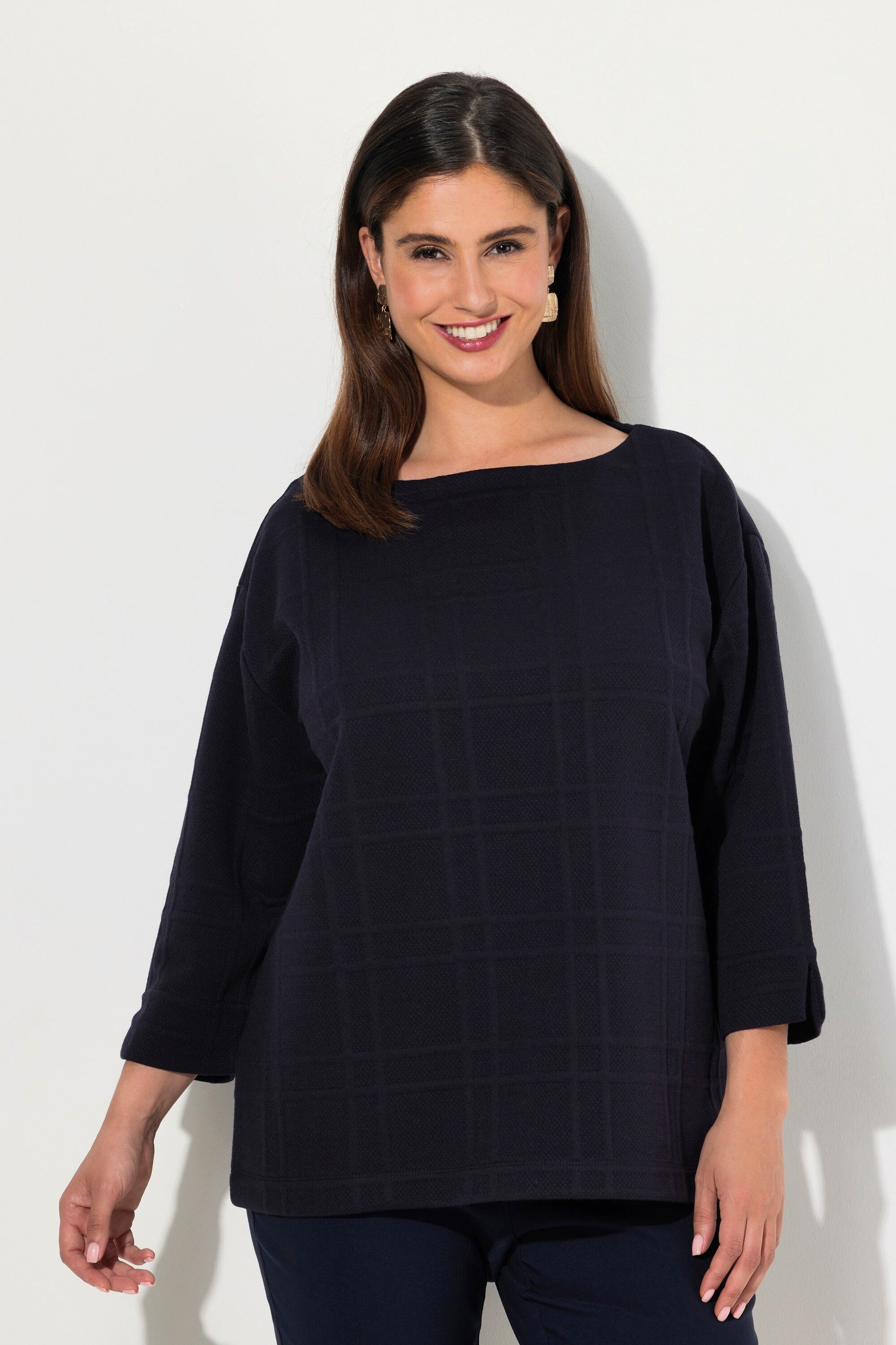 Ulla Popken Sweatshirt Sweatshirt Strukturkaro U-Boot-Ausschnitt günstig online kaufen