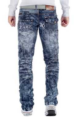 Kosmo Lupo 5-Pocket-Jeans Auffällige Herren Hose BA-KM051 Blau W36/L34 (1-tlg) Markante Waschnung und Verzierungen