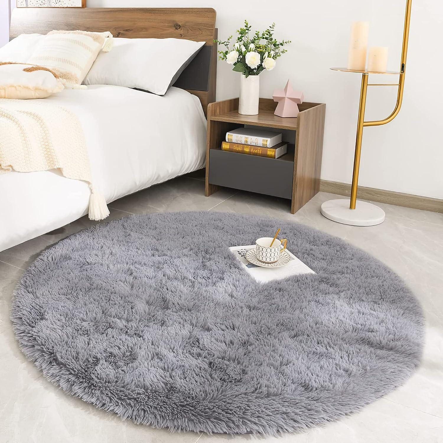Kinderteppich Hochflor Teppich Rund 150x150 cm Grau Super Weich Shaggy Flauschiger