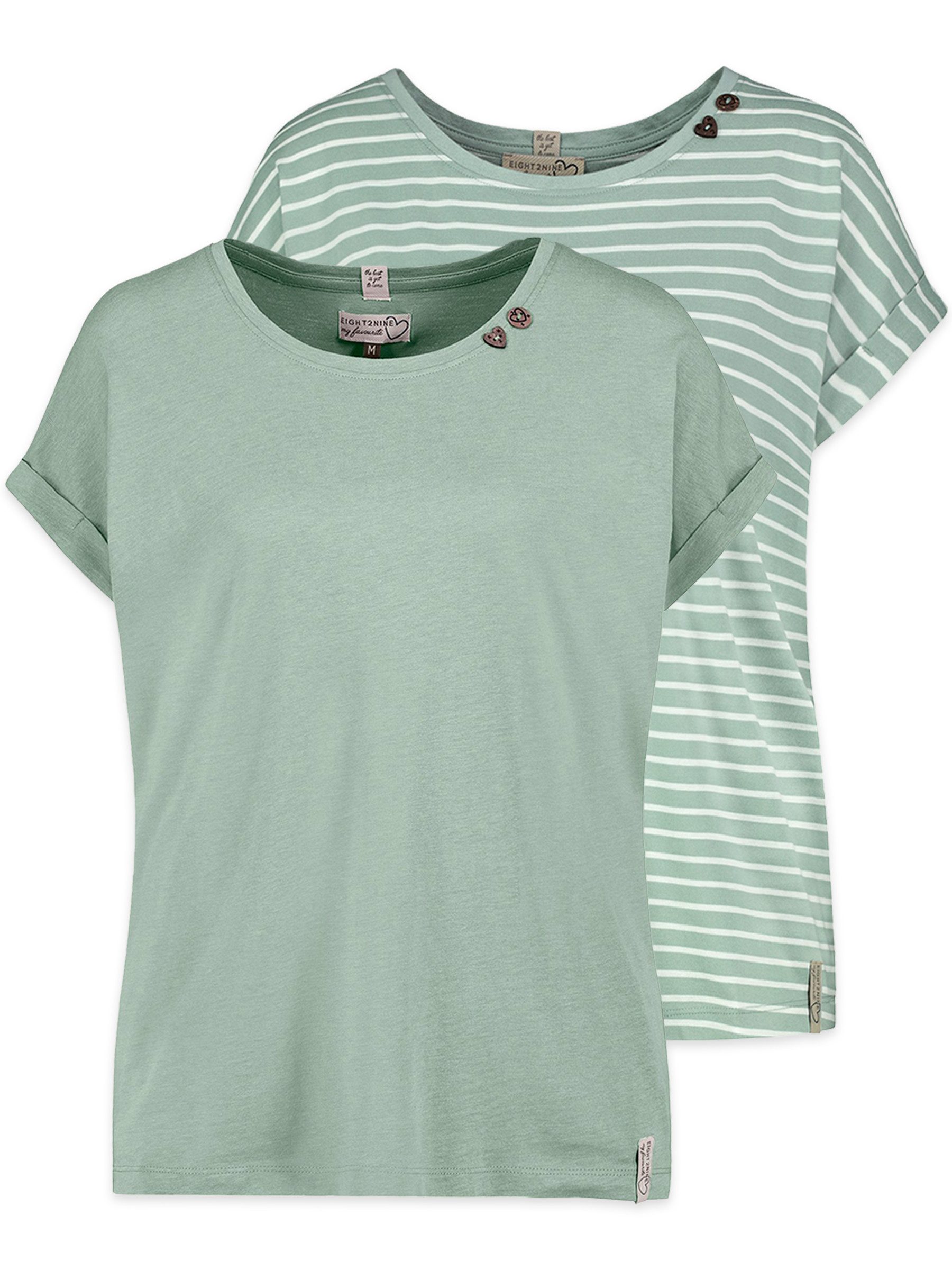 SUBLEVEL T-Shirt 2er Pack Herzknöpfe Umschlagärmel für Damen (2-tlg) Modal nachhaltig Normal Fit Rundhals Kurzarm Einfarbig
