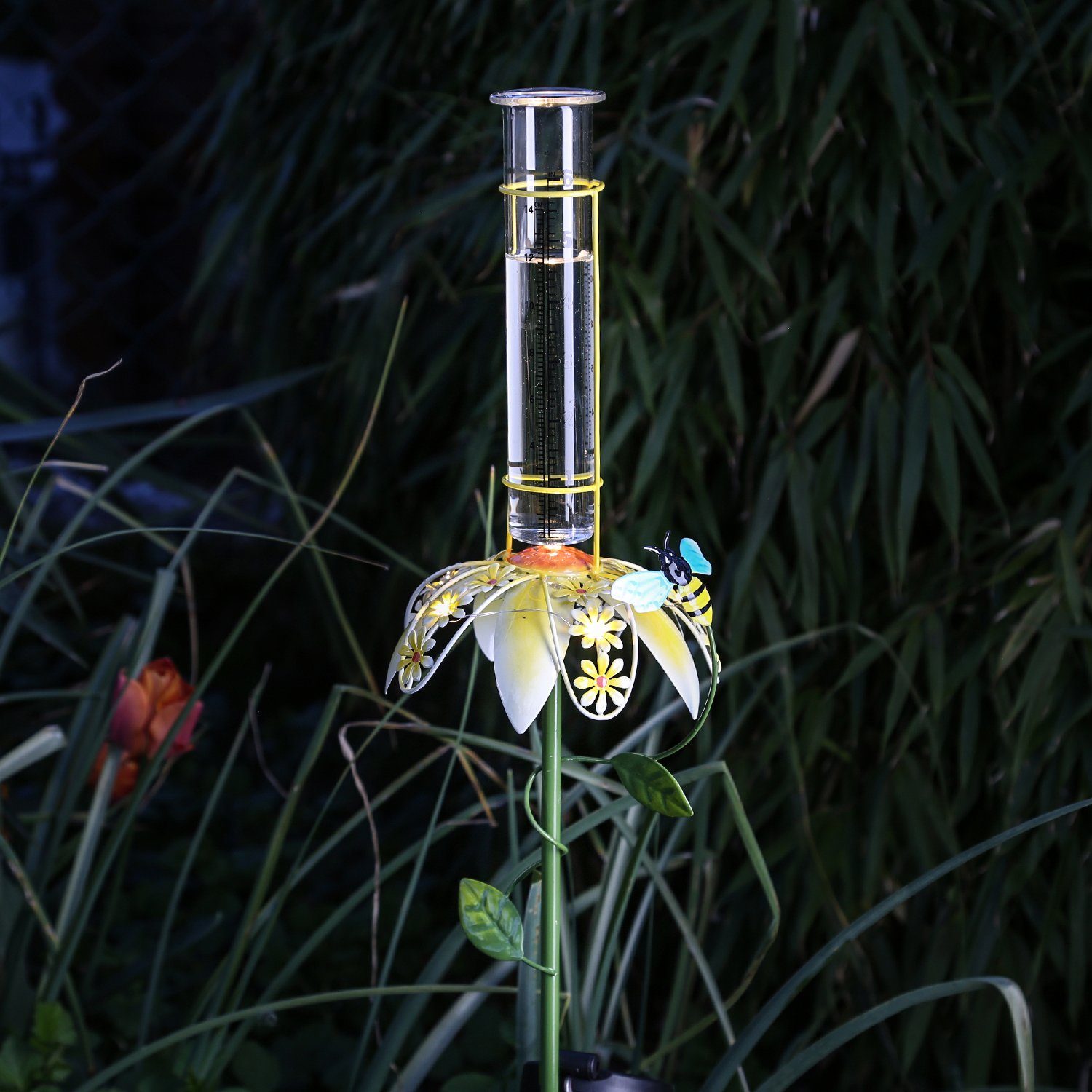 MARELIDA LED Solarleuchte LED Solar Regenmesser Biene gelbe Blume Gartenstecker Gartendeko 84cm, LED Classic, warmweiß (2100K bis 3000K) | Solarleuchten