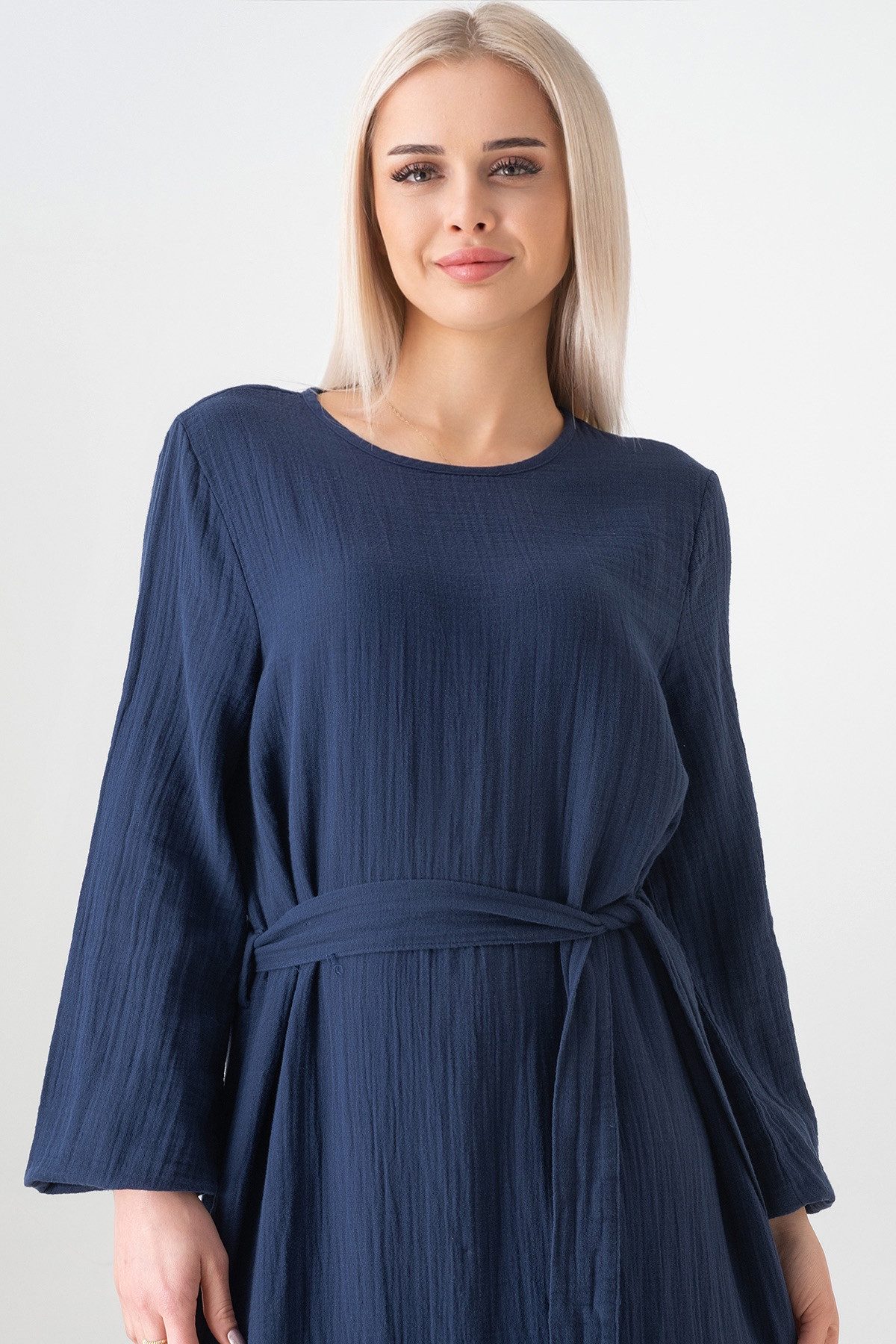 WENOR Sommerkleid Musselin-Kleid, 100 % Baumwolle, Volantsaum, Gürtel, Gr. 36–50 mit Volantsaum und Bindegürtel