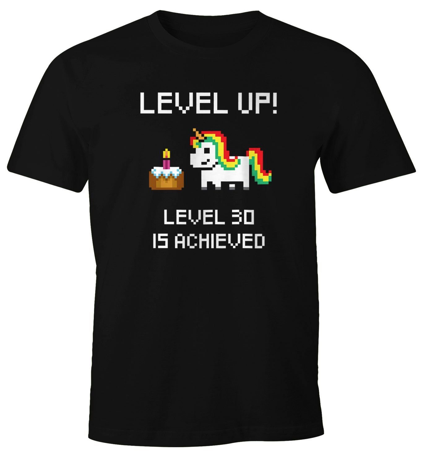 Retro Arcade Print Geschenk Print-Shirt Herren Moonworks® schwarz Pixel-Einhorn T-Shirt 30 Geburtstag Level Gamer Fun-Shirt Pixelgrafik Torte Up mit MoonWorks
