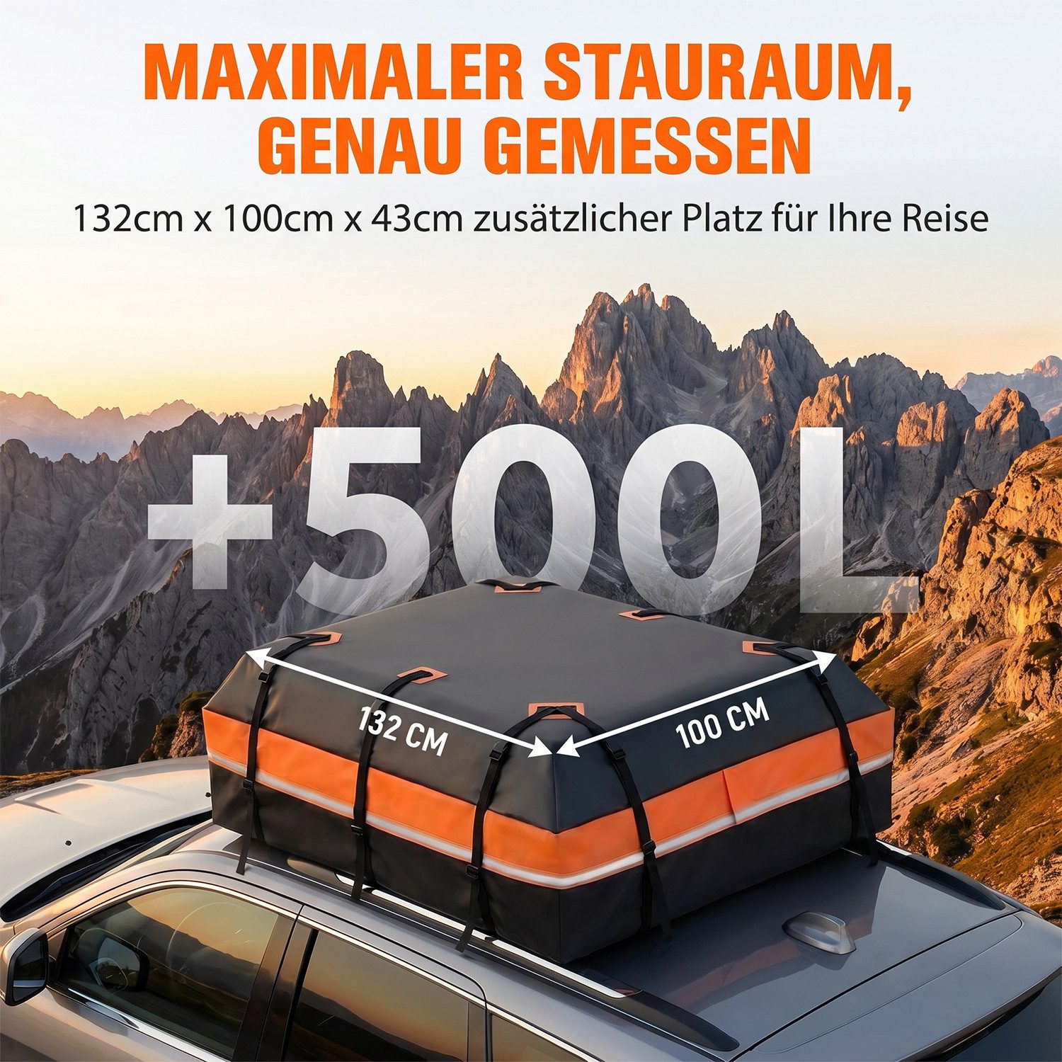 AKKEE Dachbox Auto 600L Faltbare Wasserdicht mit Schloss Türhaken Tragetasche, 132 x 100 x 43 cm – Bild 2 von 5
