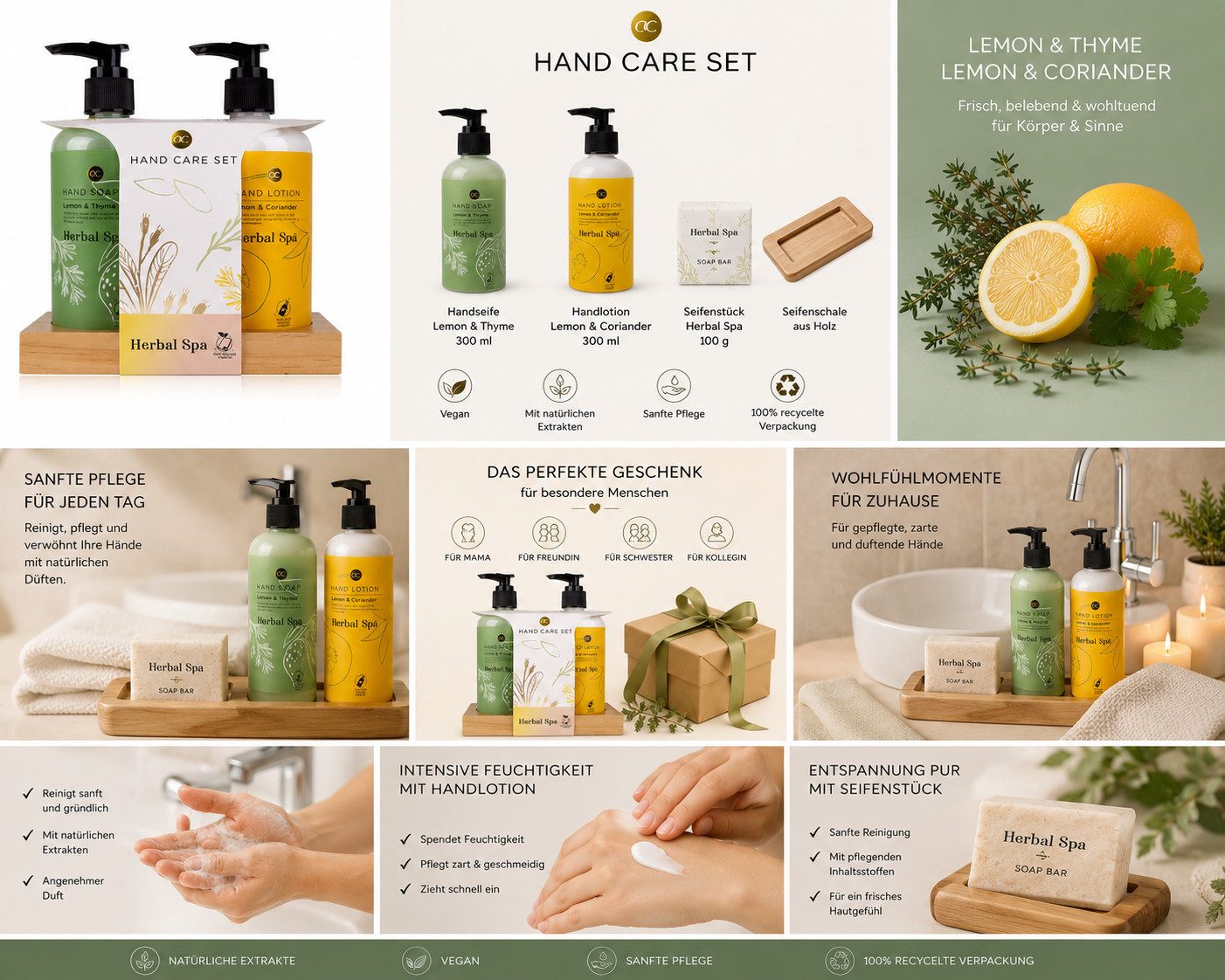 ACCENTRA Hautreinigungs-Set Citrus & Coriander, 2-tlg., Handpflegeset HERBAL SPA – Lemon & Thyme 520 ml