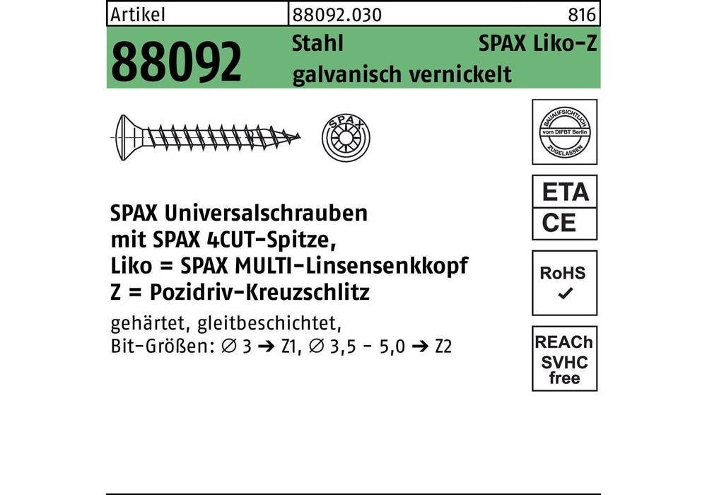 SPAX Senkschraube Schraube R 88092 Linsenkopf/Kreuzschlitz-PZ 3,5 x 16/12-Z Stahl galvanisch vernickelt
