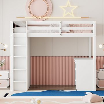 SOFTWEARY Hochbett mit Lattenrost (90x200 cm) Kinderbett mit Rausfallschutz, Schreibtisch und Regal