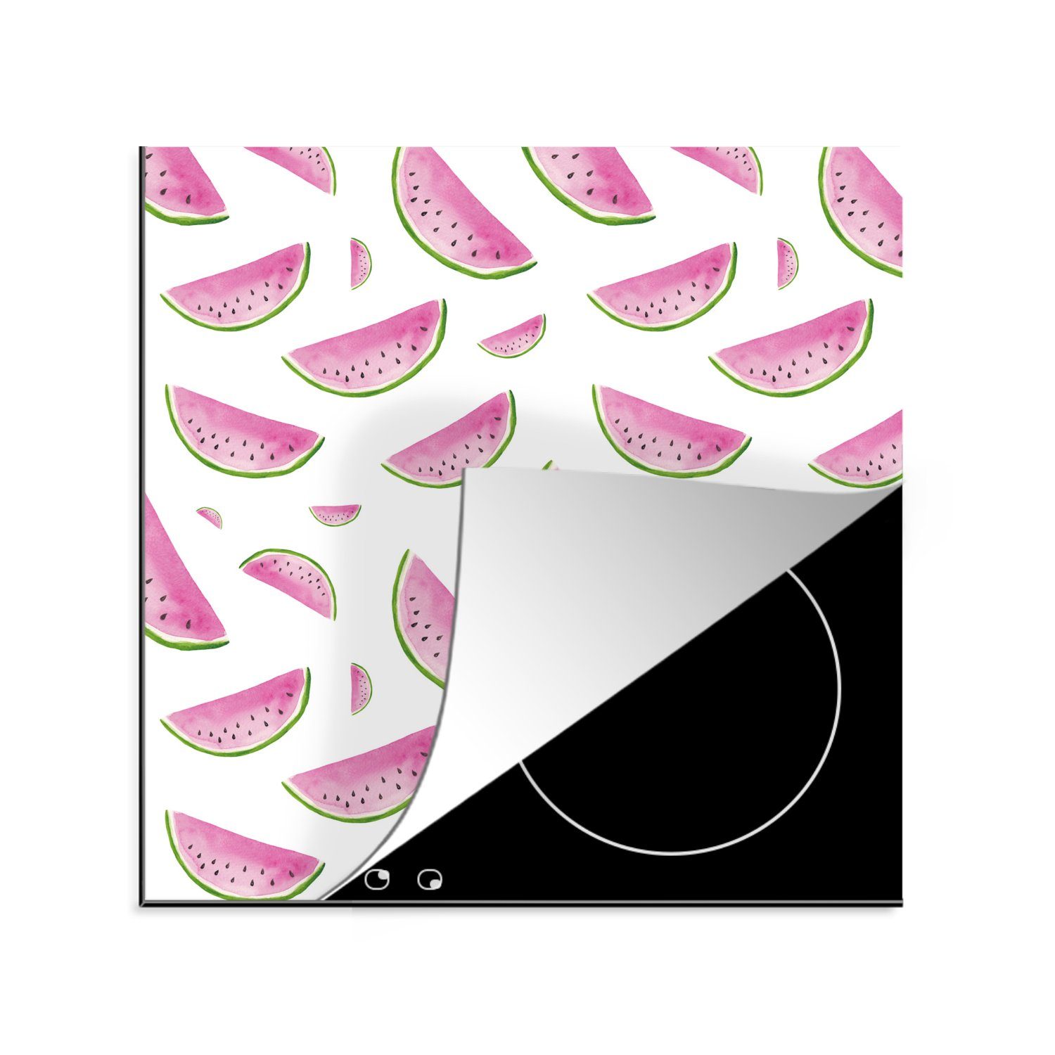MuchoWow Herdblende-/Abdeckplatte Wassermelone - Aquarellfarbe - Design, Vinyl, (1 tlg), 78x78 cm, Ceranfeldabdeckung, Arbeitsplatte für küche