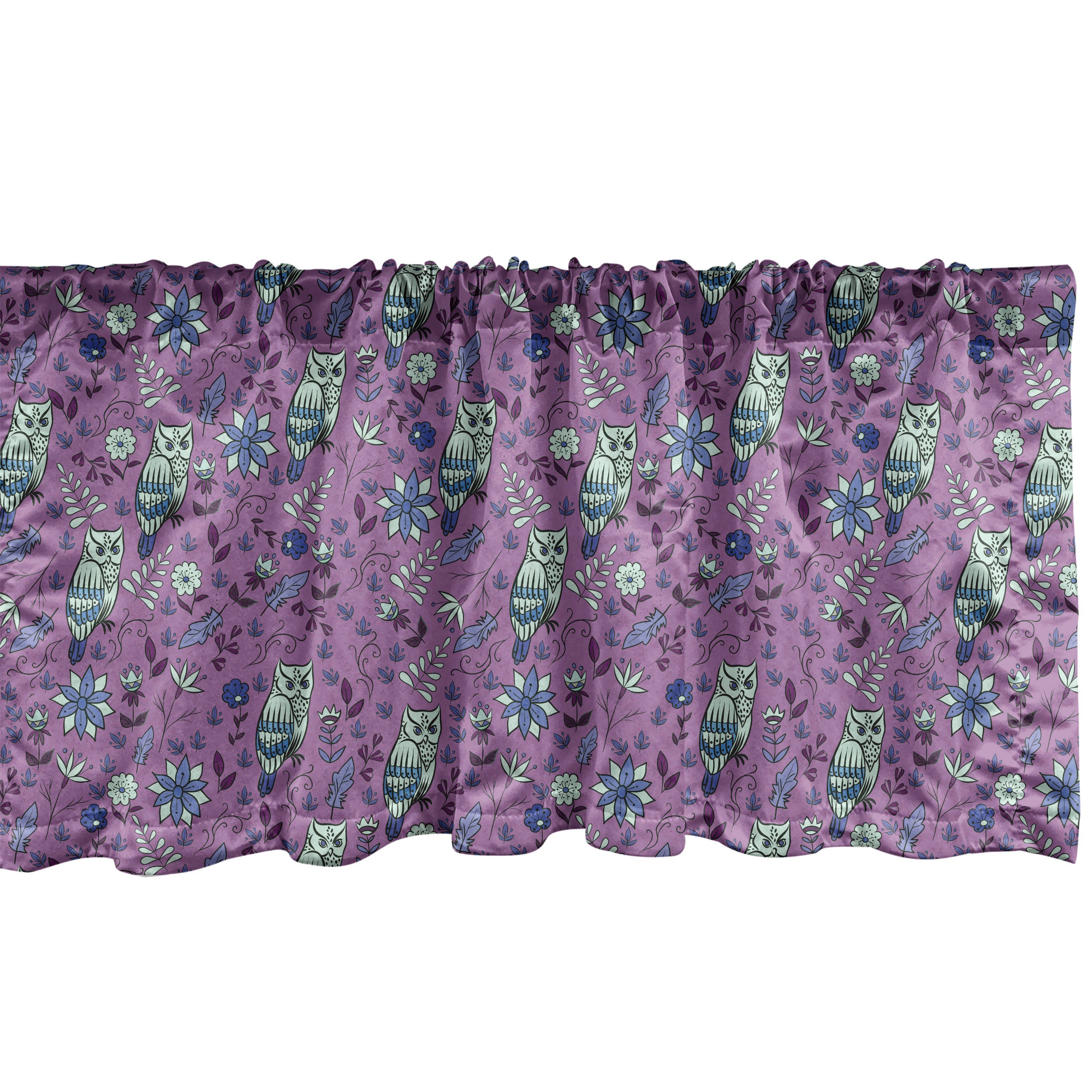 Scheibengardine Vorhang Volant für Küche Schlafzimmer Dekor mit Stangentasche, Abakuhaus, Microfaser, Garten Bläulich Eulen Entlang Blumen