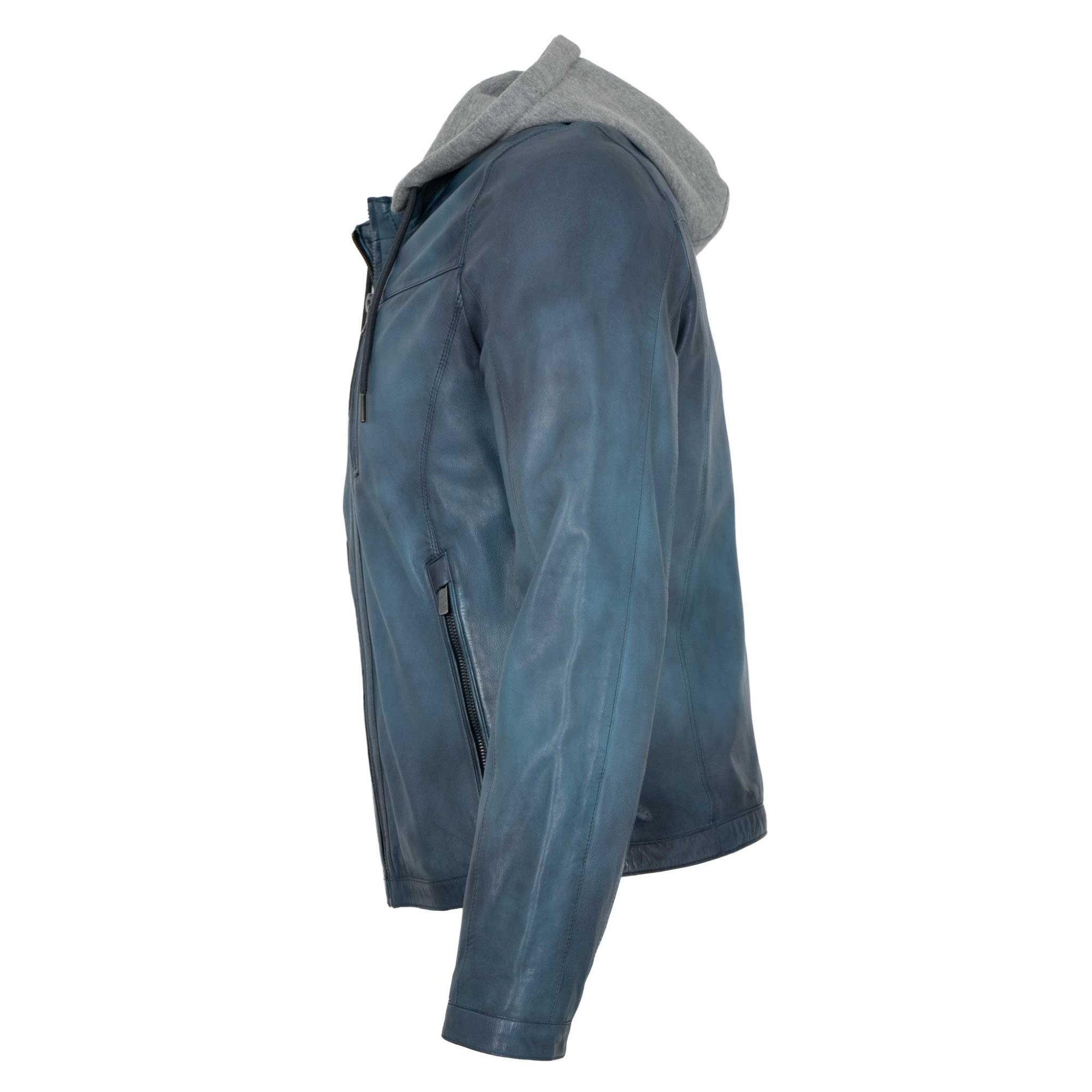 Jilani Lederjacke Cody Jilani - Herren Lederjacke Kapuze Lammnappa blau