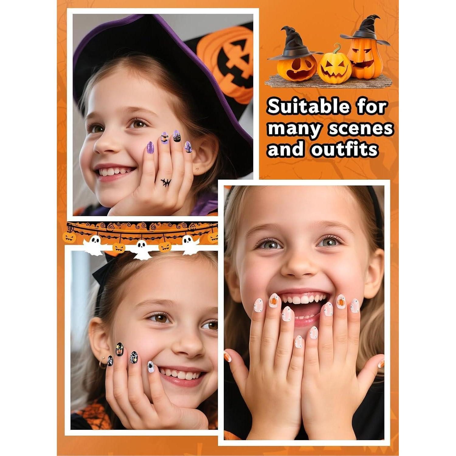 LuxusKollektion Kunstfingernägel Kunstnägel Halloween Kinder 72er Set Mandelform Hallowen D 3P