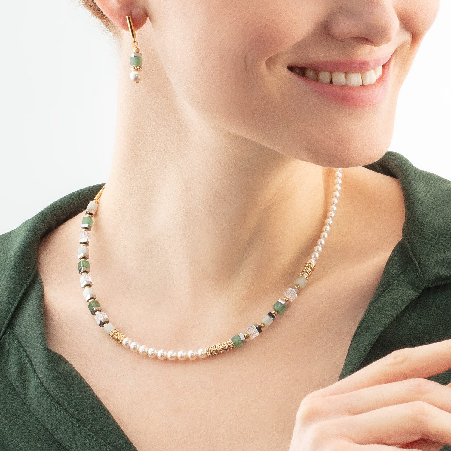 COEUR DE LION Paar Ohrhänger Schmuck Edelstahl GeoCUBE® Precious Fusion Offset Würfelkette, Made in Germany - mit Strassstein, Schmuckstein - mit Swarovski® Perle
