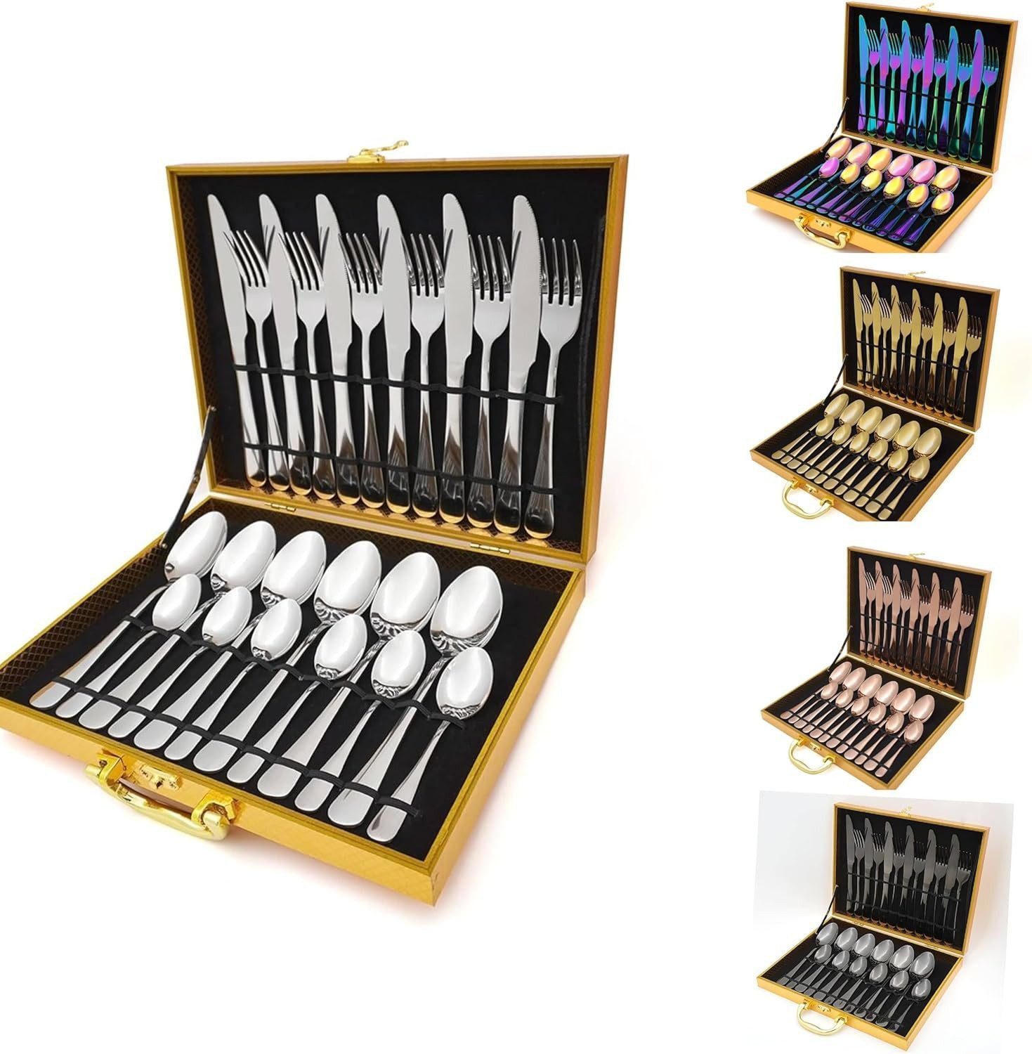 Faizee Möbel Besteck-Set Besteck-Set Besteck-Set Edelstahl Besteck Set 24-tlg Wood Box (24-tlg), Edelstahl