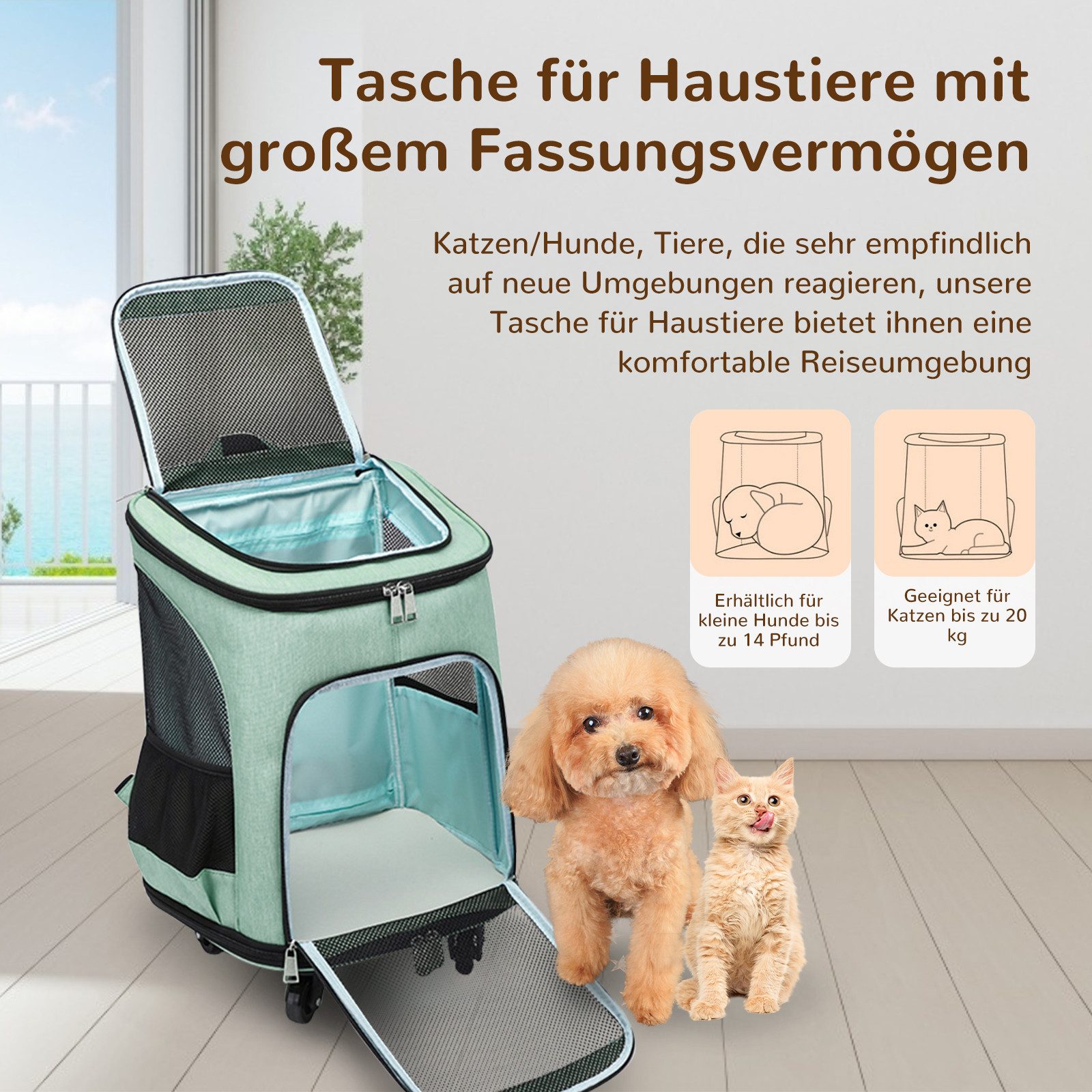 TWSOUL Tiertransportbox 3-in-1-Trolley für Haustiere,Rucksack-Trolleytasche bis 10,00 kg, Design mit großer Kapazität, Stoßdämpfende Rolle