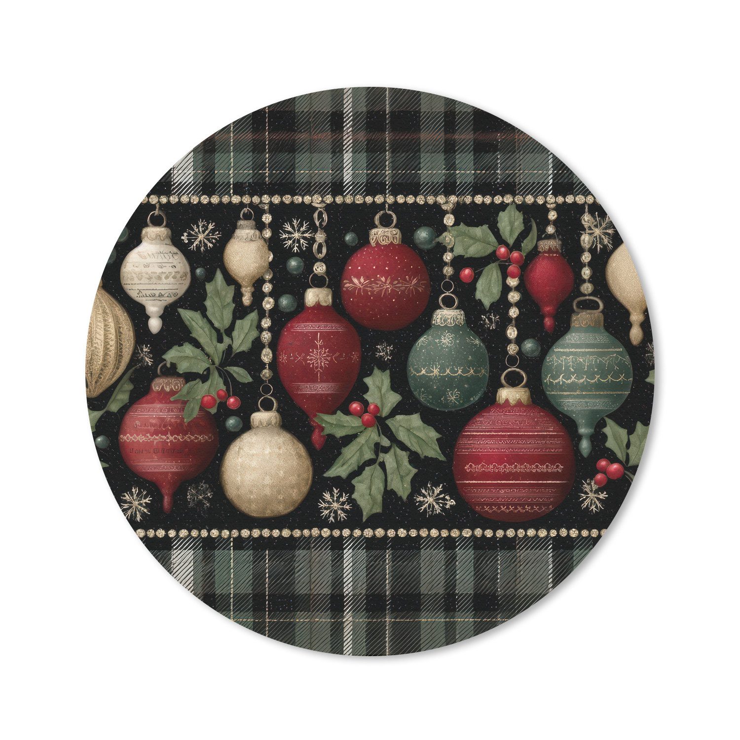 MuchoWow Mauspad Weihnachtskugeln - Rot - Stechpalmenzweige - Muster (1-St), Mousepad mit Rutschfester Unterseite, Gaming, Rund, 40x40 cm