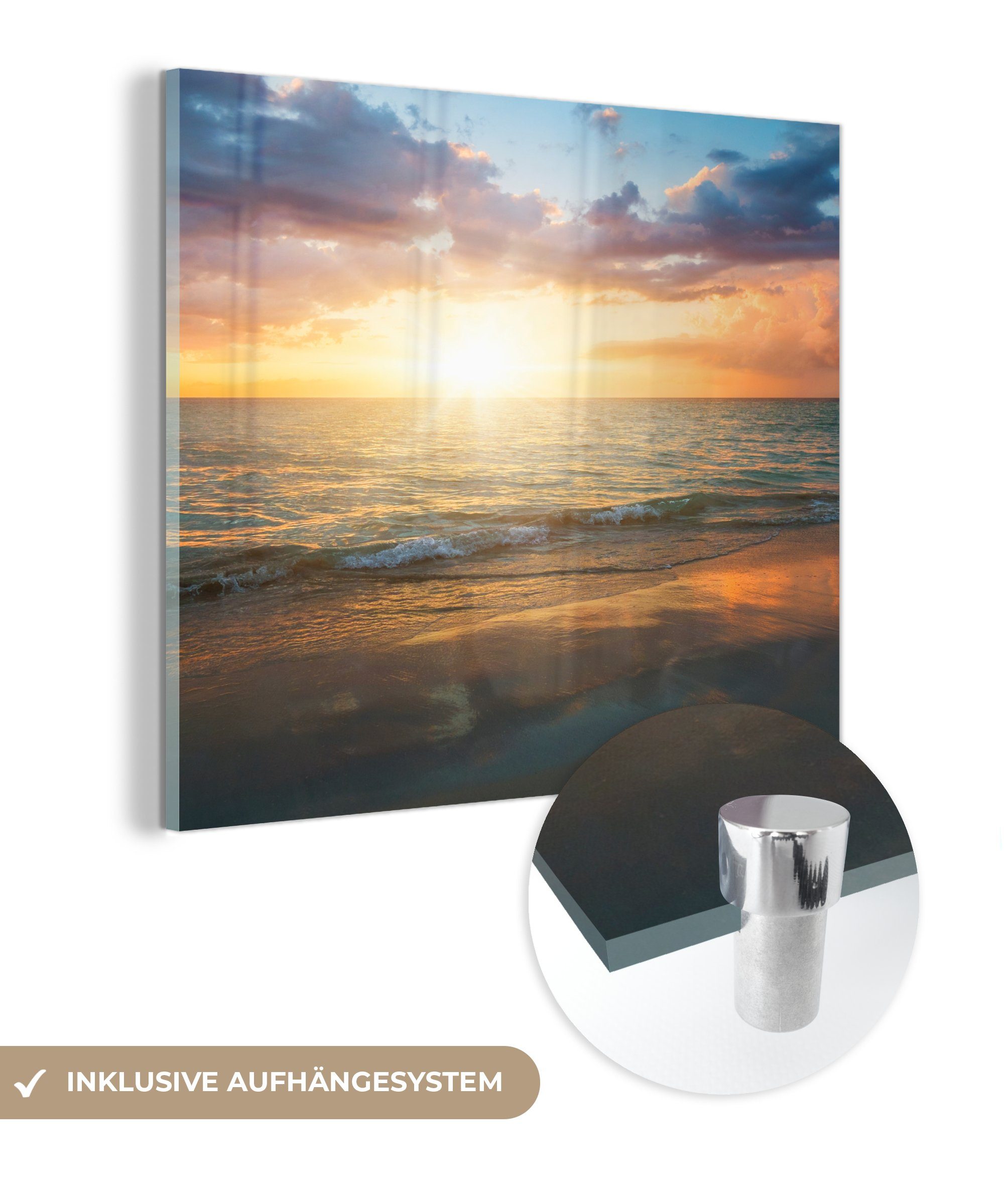 MuchoWow auf Wolken - Acrylglasbild Foto St), - (1 auf - Glas Wanddekoration Glasbilder Sonnenuntergang Strand, - Wandbild Glas Bilder -