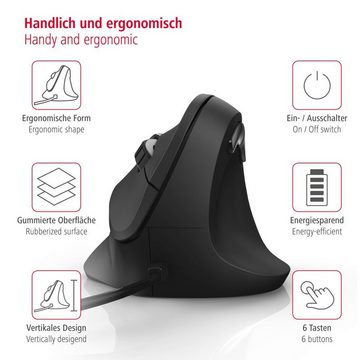 Hama Ergonomische vertikale Maus für PC Laptop, mit Kabel, 1,8 m, Schwarz ergonomische Maus (USB, kabelgebunden, Vorbeugung Tennisarm/Mausarm)