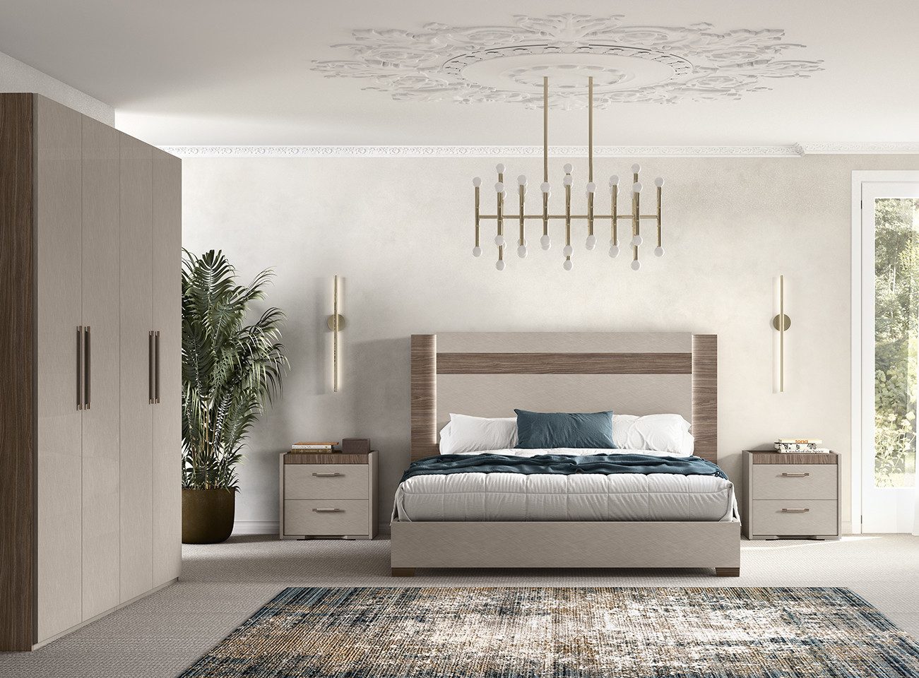 Interdesign24 Schlafzimmer-Set Amalfi, (4-Teilig, in Beige/Walnussholzoptik Hochglanz), Made in Italy