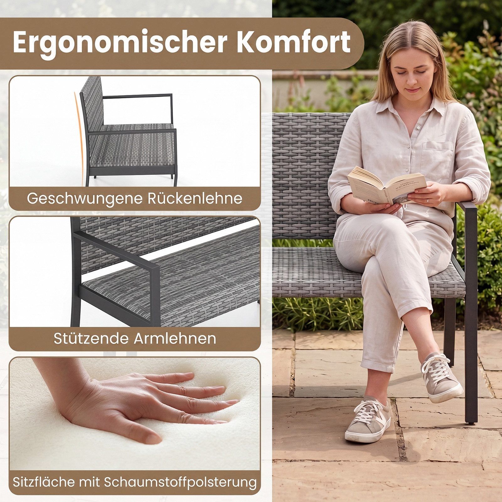 COSTWAY Gartenbank, wetterfest, Polyrattan Sitzbank mit gepolsterter Sitz 360kg