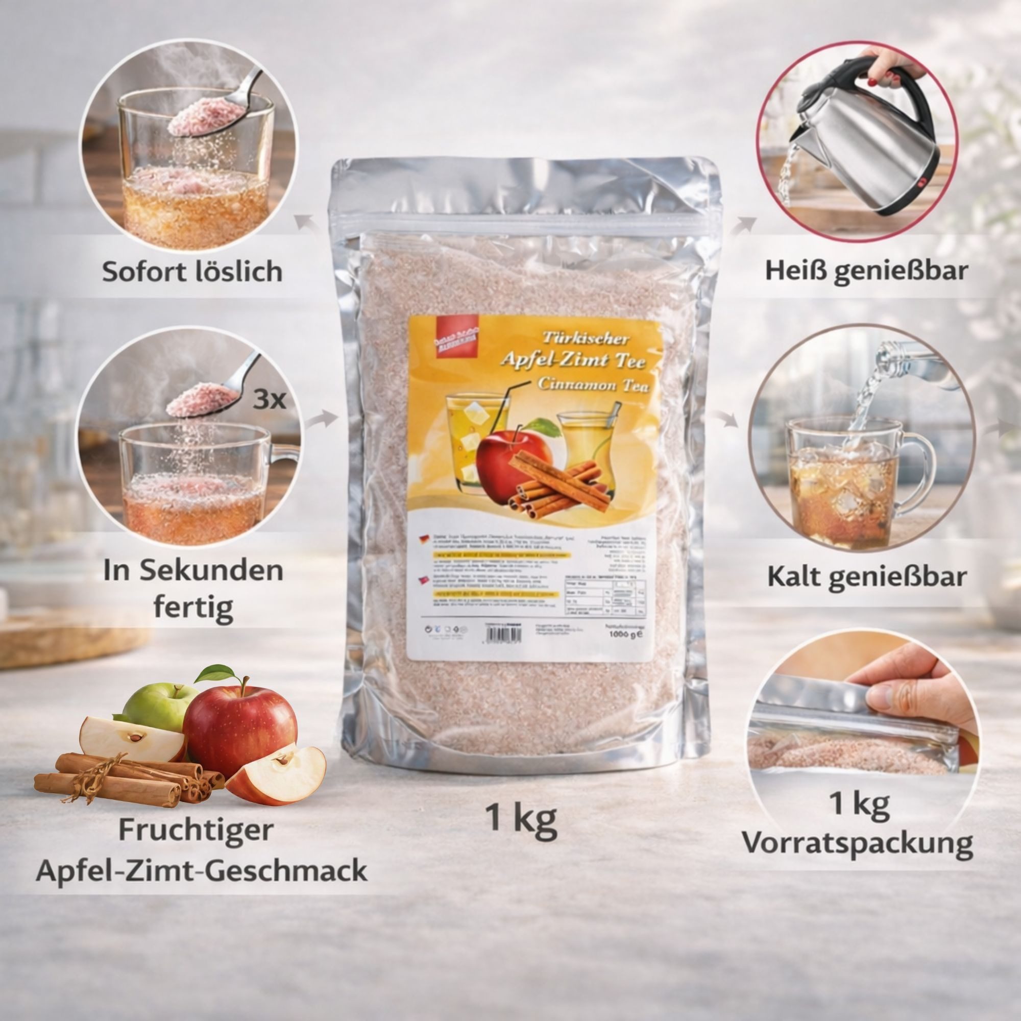 Tee Türkischer Apfeltee mit Zimtaroma Instant Tee 1 kg Pulver, schnell löslich, aromatisch
