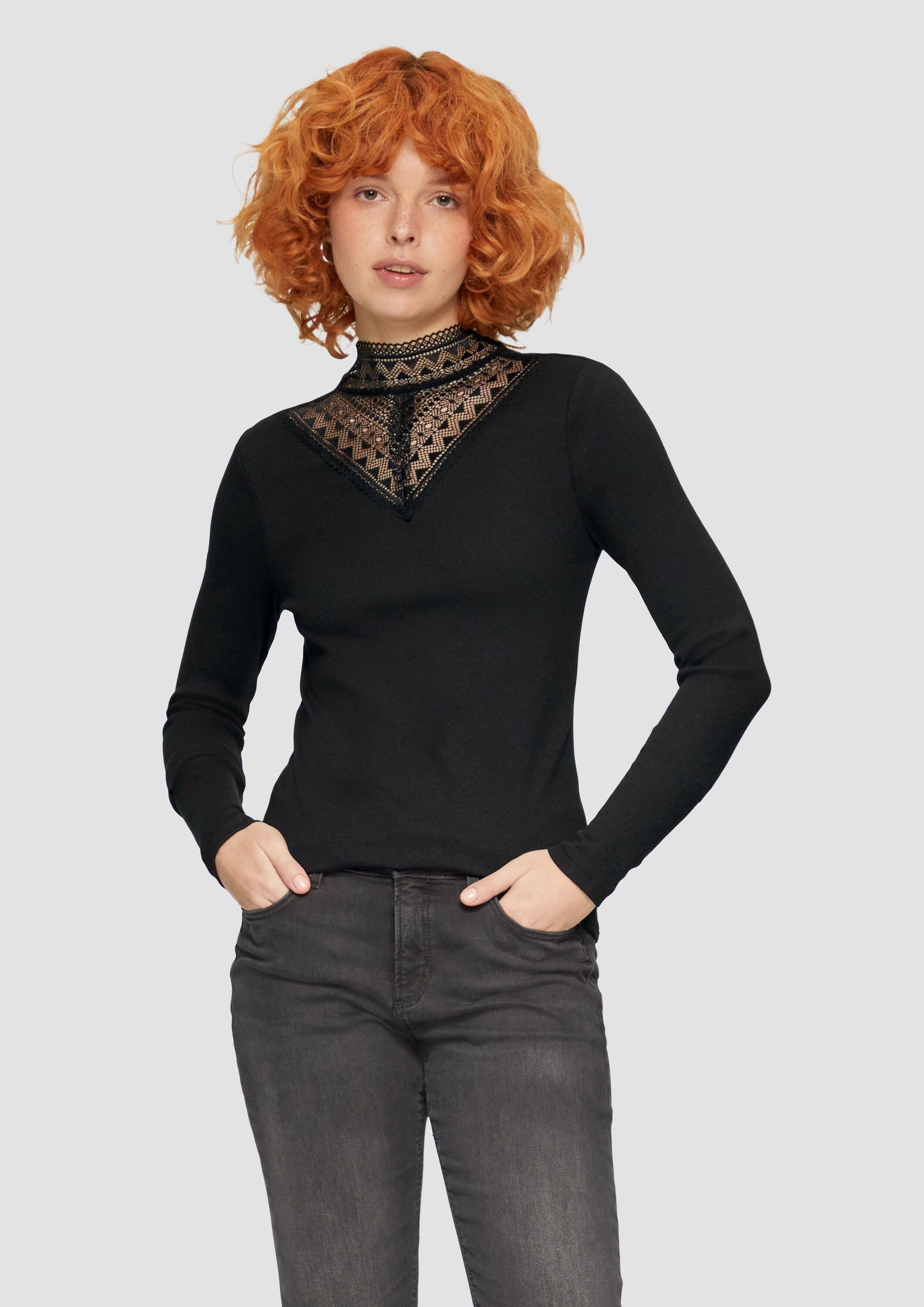 QS Langarmshirt T-Shirt Rippshirt mit Spitzeneinsatz und Stehkragen aus Spi günstig online kaufen