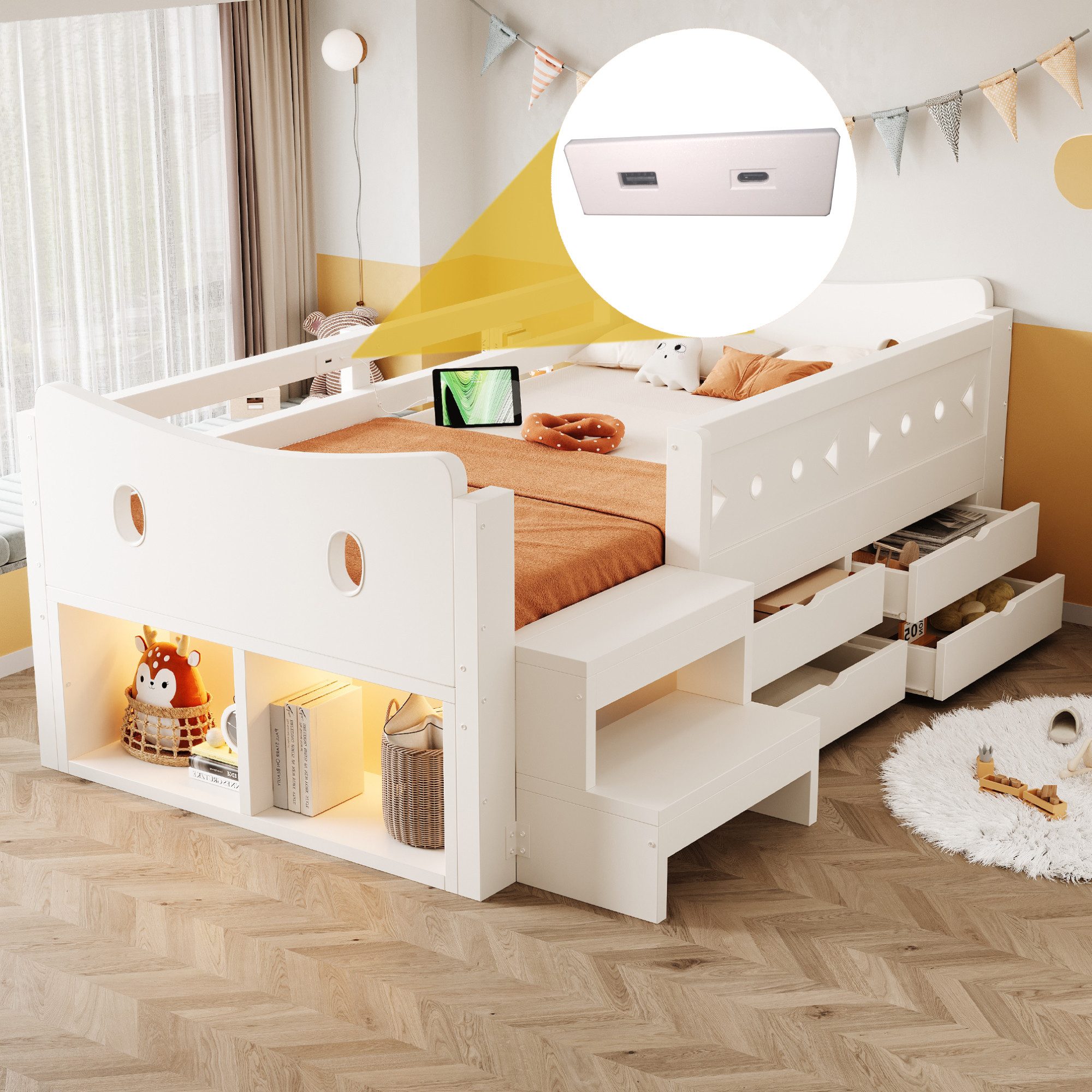 Merax Kinderbett 90×200cm mit LED-Beleuchtung und USB- & Typ-C-Anschluss (1-tlg., Einzelbett Hausbett aus Kiefernholz), Jugendbett mit 4 Schubladen, Sicherheits – Bild 5 von 5